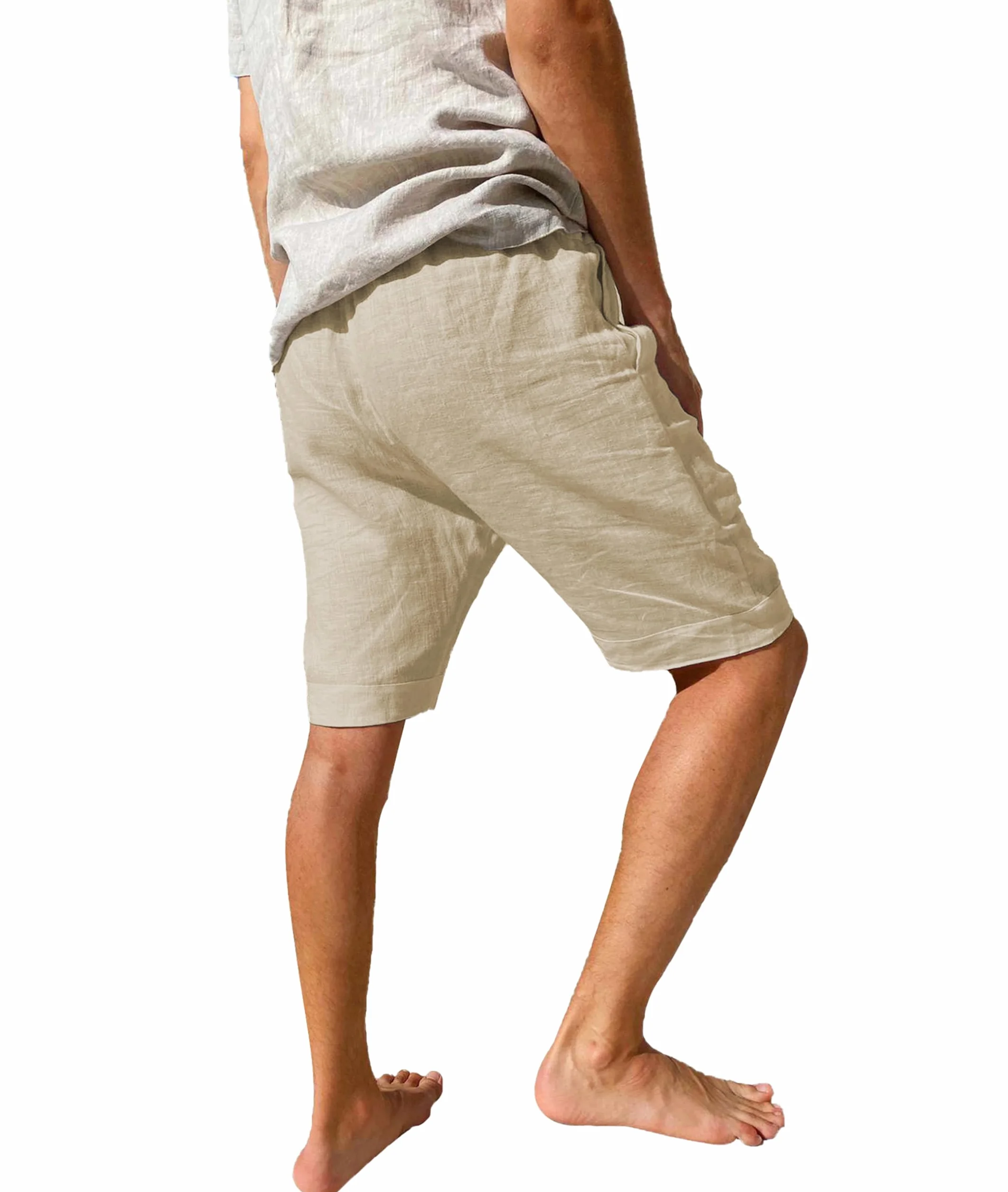Pantalones Cortos de Lino para Hombre Cintura Elástica Bolsillos Verano