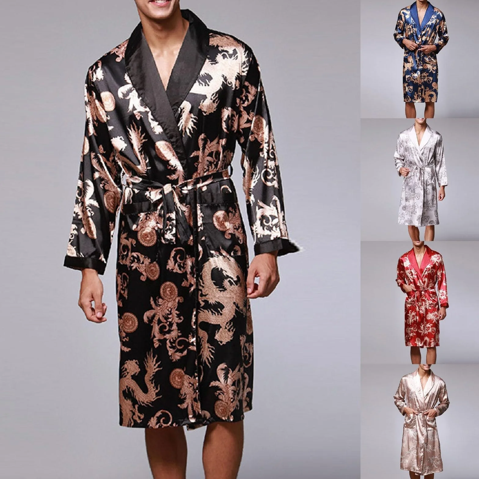 Generisch Albornoz para hombre ligero Dunn Bata de seda pijamas hombre satén corto sauna bata kimono bata de manga larga albornoz pijamas ropa de noche satén camisón albornoz para hombre