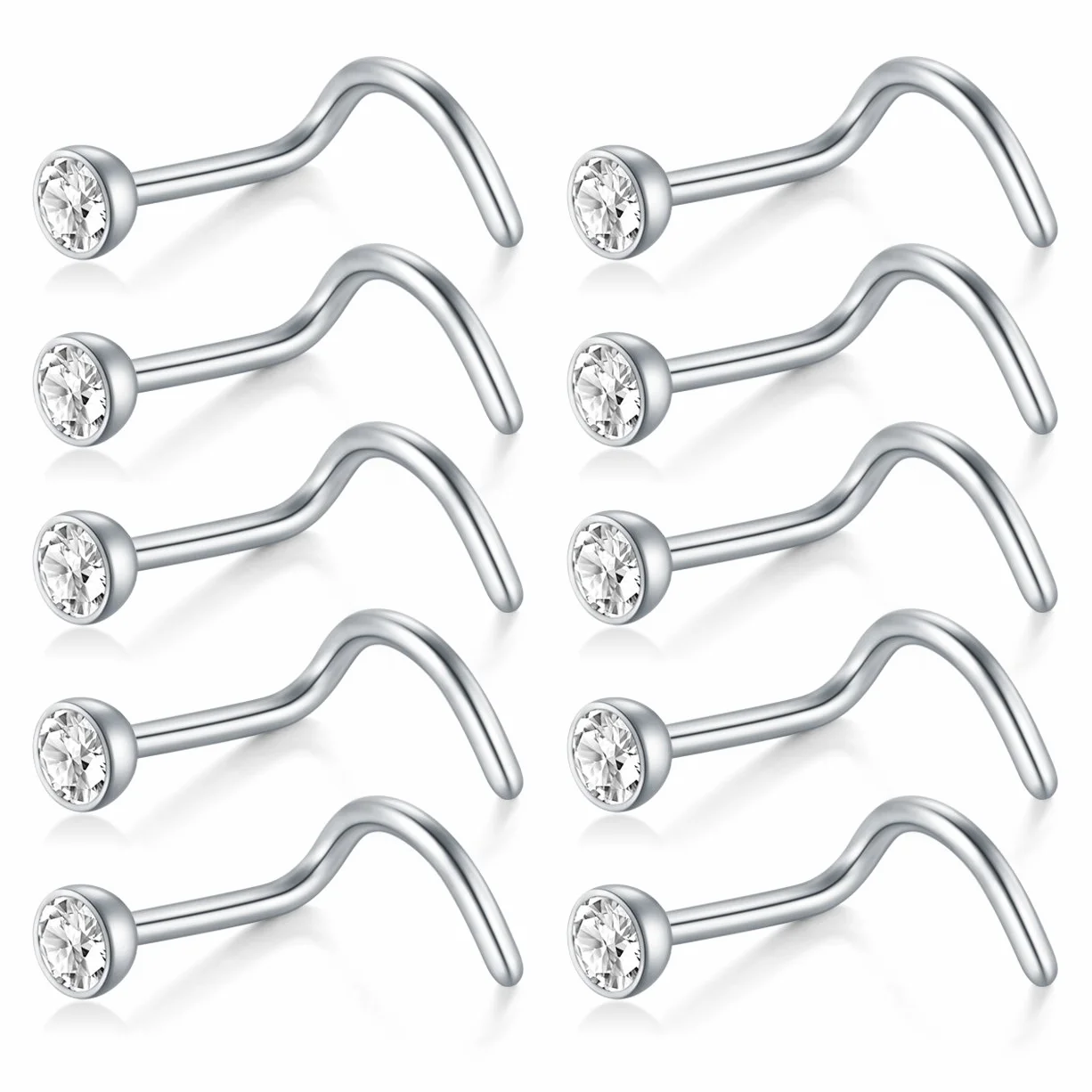 Briana Williams Acero quirúrgico 316L Nariz Stud Anillos Tornillo Piercing Jewelled Clear Diamond CZ 10-12PCS