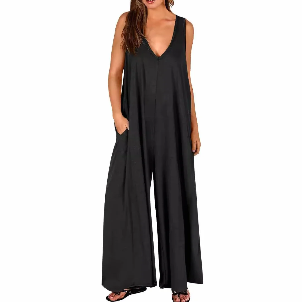 Mono Mujer Jumpsuit Sin Mangas Largo Pierna Ancha Pantalón Rompers Verano Tirantes Anchos Overol Cuello en V
