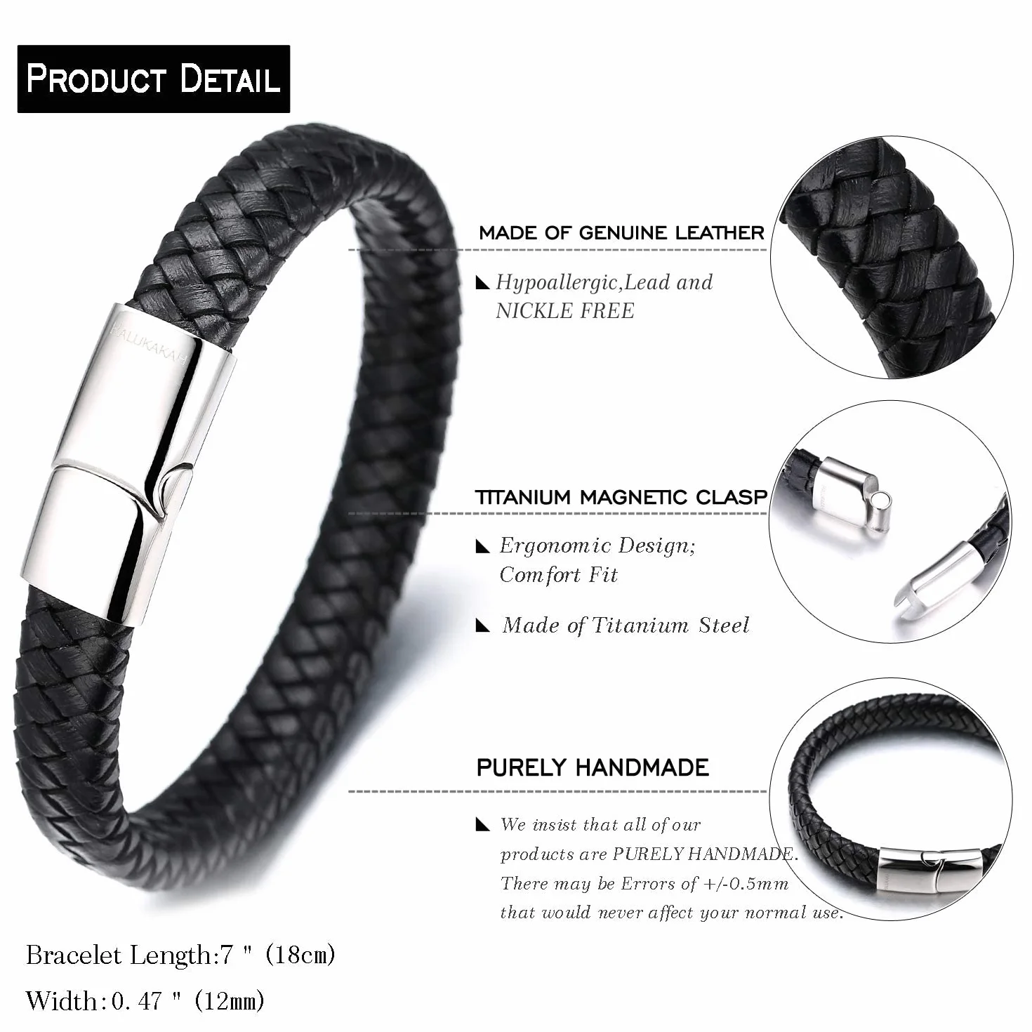 Solo Junior Pulsera de Cuero Marrón/Negro Clásico 6-15 Años Cierre Magnético Titanio Dorado/Plata/Negro 7"+0.7"(18+1.5cm) Caja de Regalo