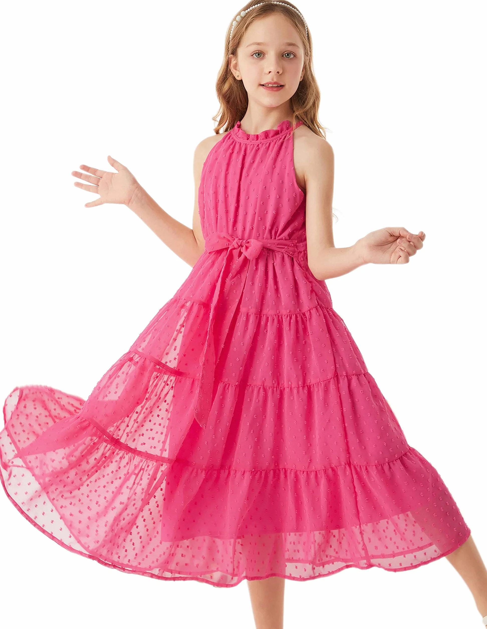GRACE KARIN Vestido Niña Elegante Gasa Malla Escote Halter 6-12 Años
