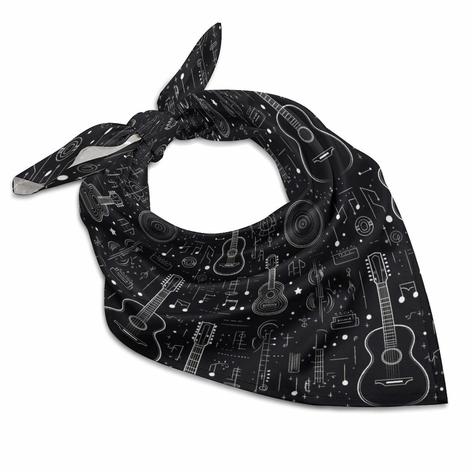 Bandanas negras con estampado de guitarra para mujeres y hombres, bandana de seda, pañuelo para la cabeza, pañuelo para el cabello