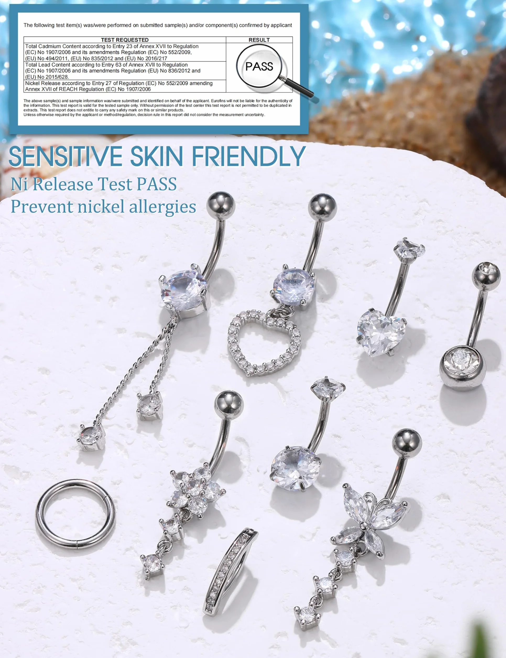YADOCA 14G 9 Piezas Piercing Ombligo Acero Quirúrgico Plata/Oro CZ Clicker Colgante Anillo