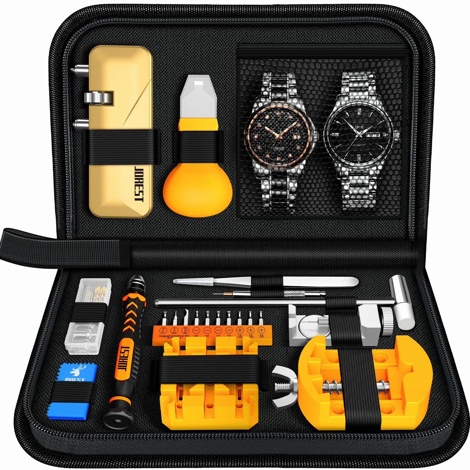 JOREST Kit Reparacion Reloj, Herramientas Relojero con Destornillador, Llaves, Martillo y Pasadores