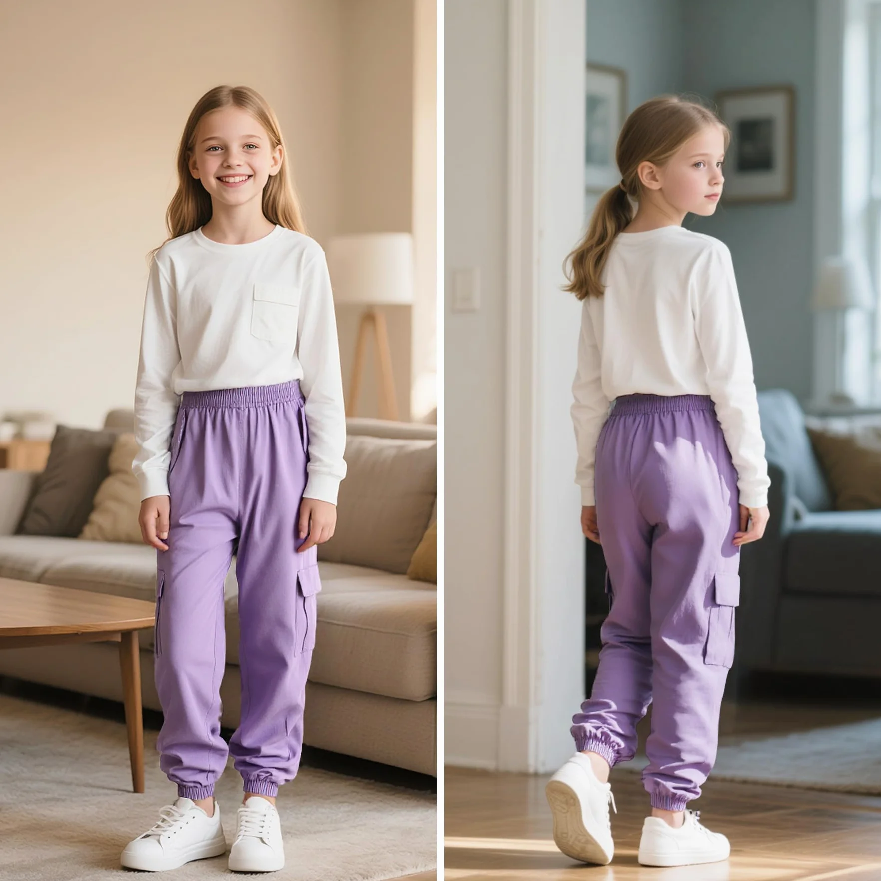 Pantalones Cargo Niñas Algodón Cintura Elástica Múltiples Bolsillos Joggers 6-13 Años