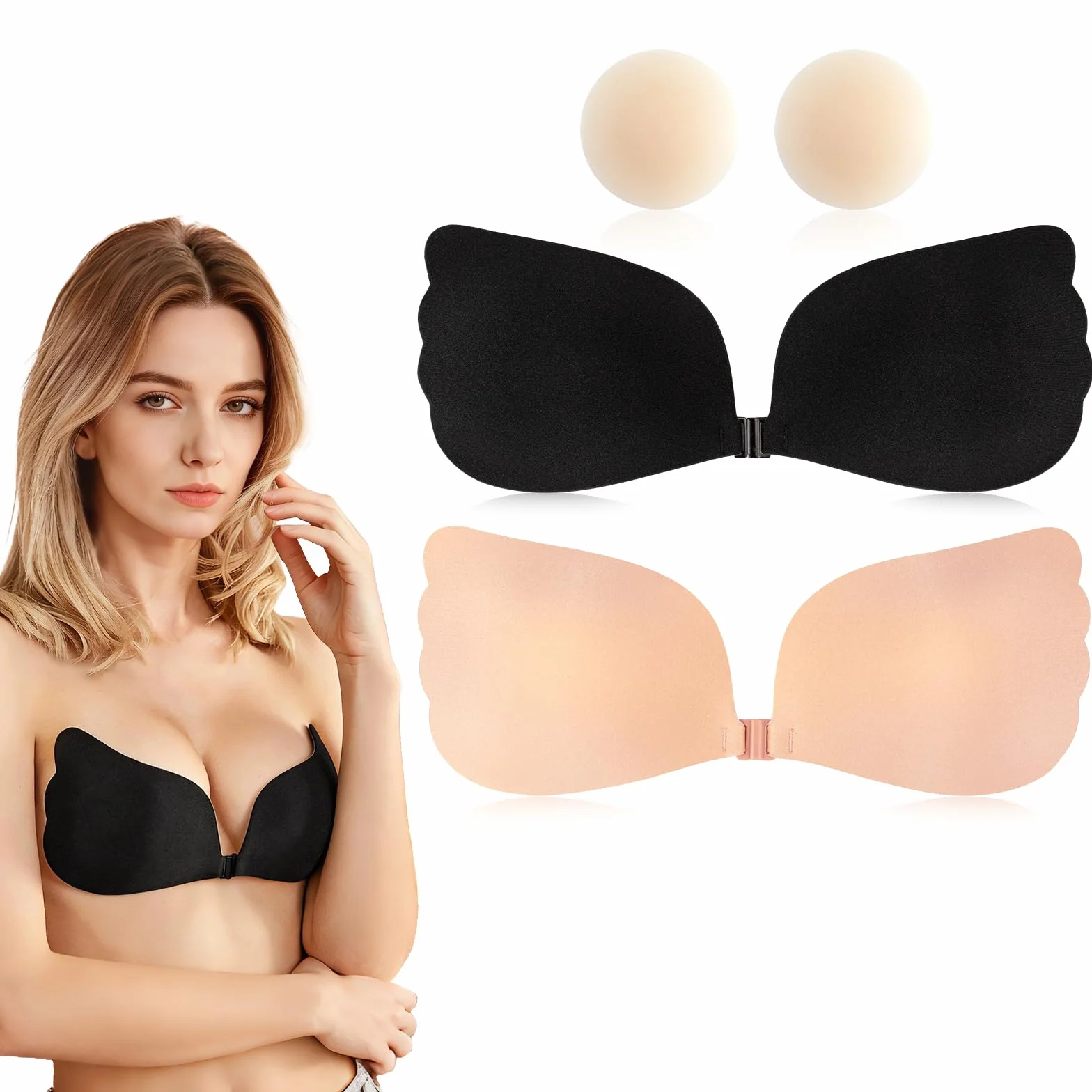 Sujetador Adhesivo Push Up, 2 Piezas Sujetador Invisible Reutilizables con Nipple Cover Sujetador Sin Tirantes Espalda para Mujer
