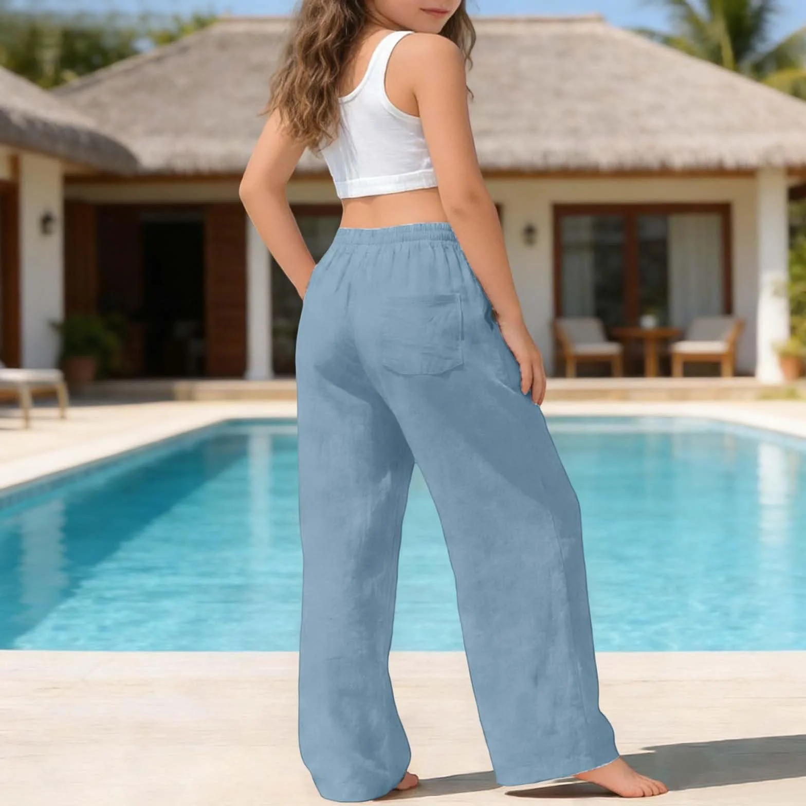 Pantalones de Verano Niña Algodón y Lino Cintura Elásticos Bolsillos Cordón Sueltos Causal Ligero Transpirable Deportivo 4-15 años