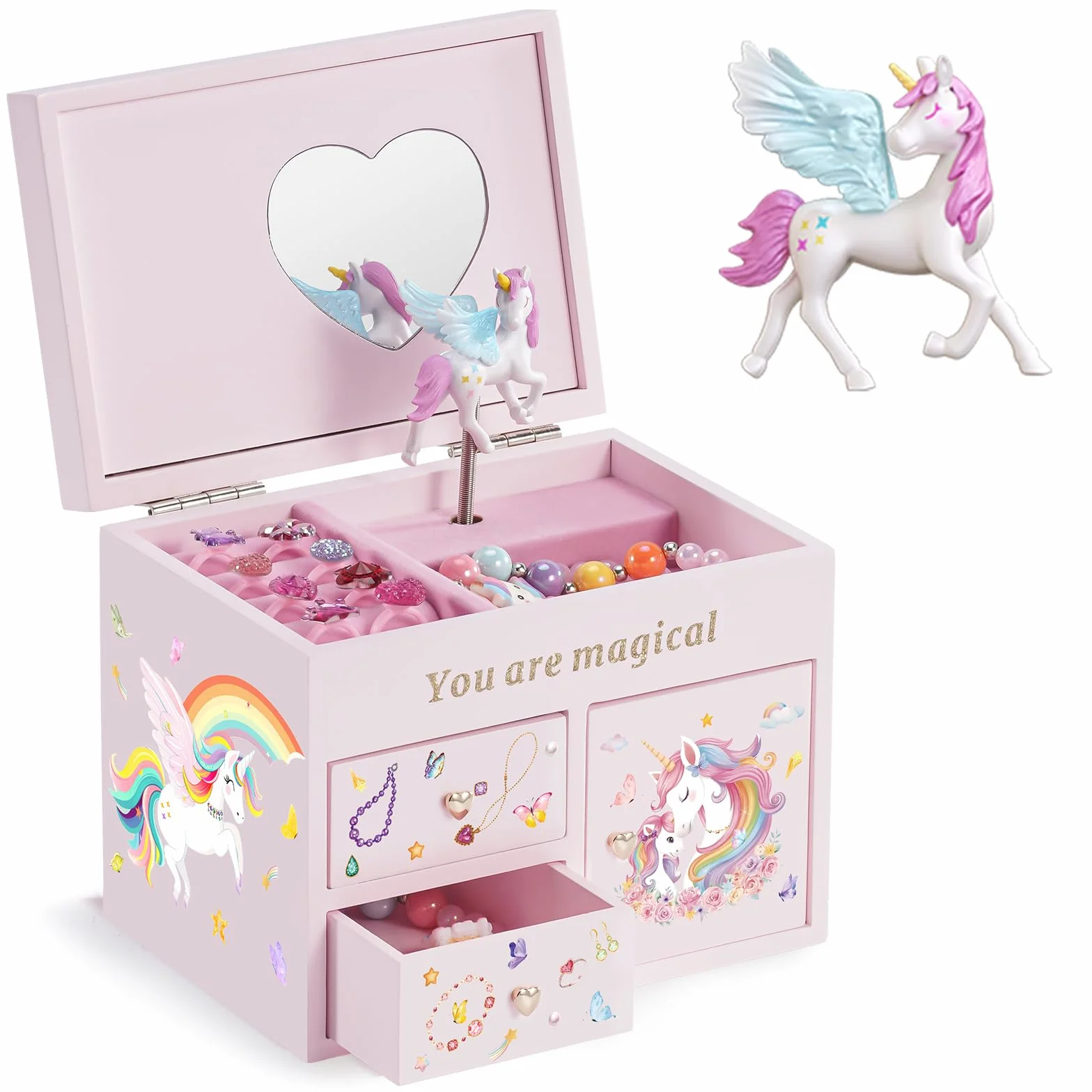 Lolalet Joyero de Madera para Niñas, Organizador de Joyería con Unicornio, Caja para Collar, Pendientes, Pulsera, Reloj, Pintalabios y Anillo - Rosa