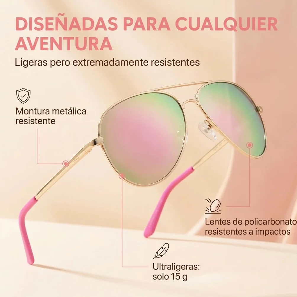 Kiddus Gafas de Sol Polarizadas Niño Niña UV400 CAT3 Protección Solar Infantil Montura Metálica