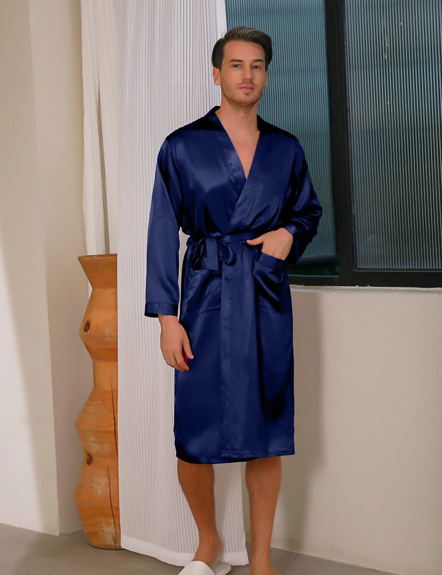 Bata de Hombre Verano Kimono Satén Baño Larga Casa Pijama Seda