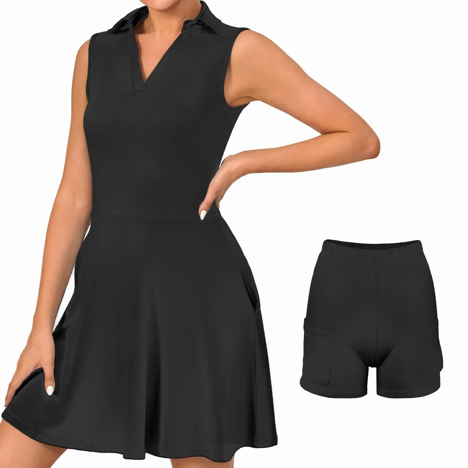 Vestido Tenis Mujer Deportivo con Pantalones Cortos Vestido Polo Bolsillos Golf sin Mangas Línea A Atléticos