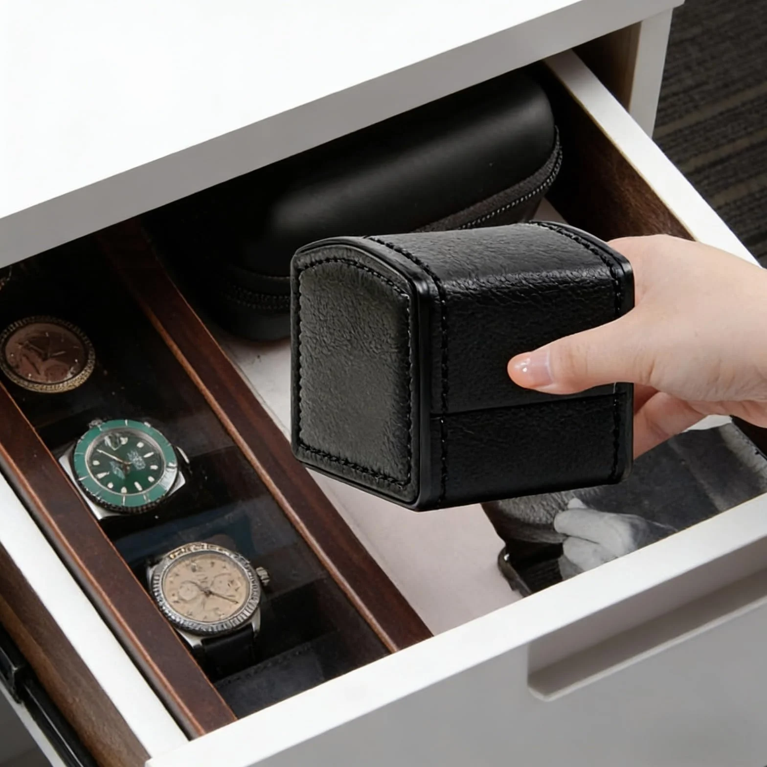 Organizador de Relojes Caja de Cuero PU para Viaje Estuche de Visualización Negro