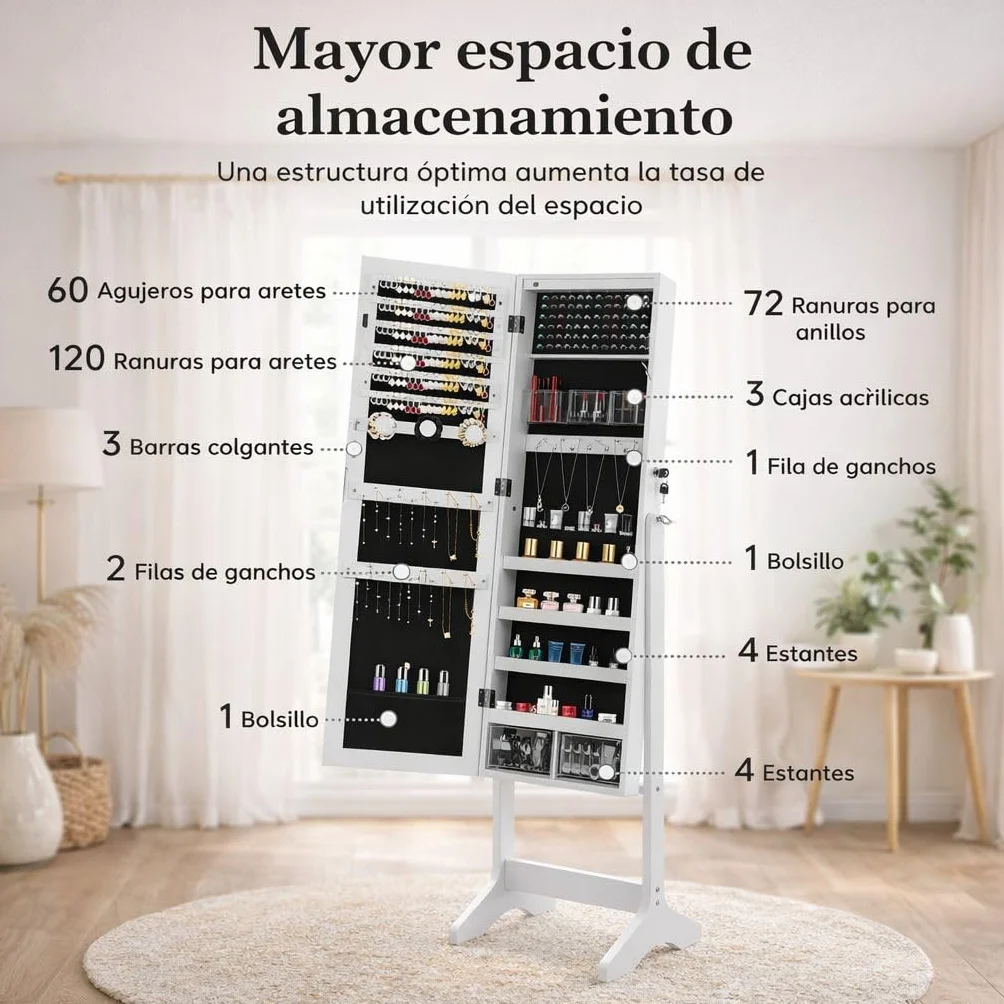 Espejo Joyero de Pie con Cerradura 155x41x37cm Armario Organizador