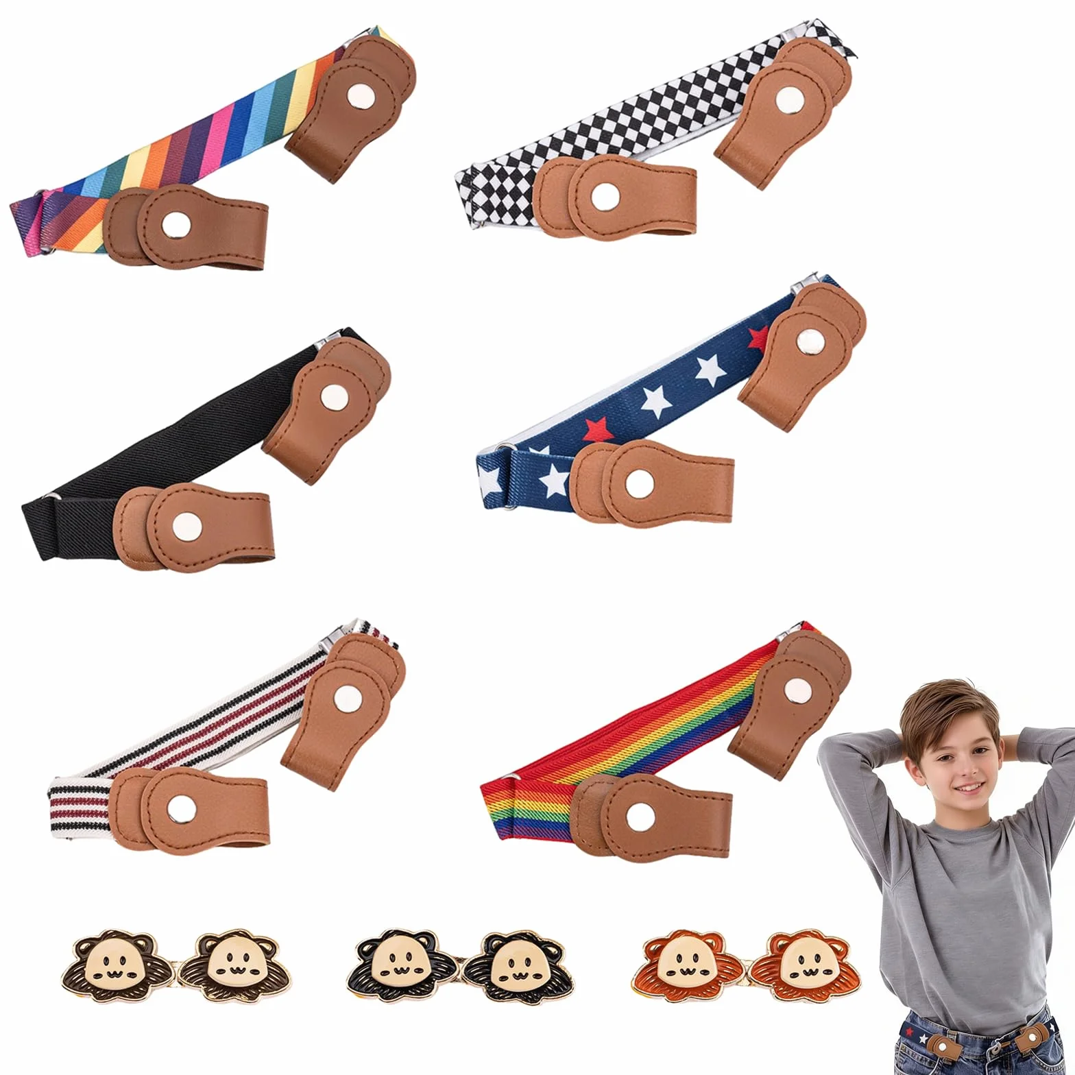 Cinturón de Niños Ajustable Elástico Sin Hebilla, 6 Colores + 3 Pares de Hebillas, 35-51 cm