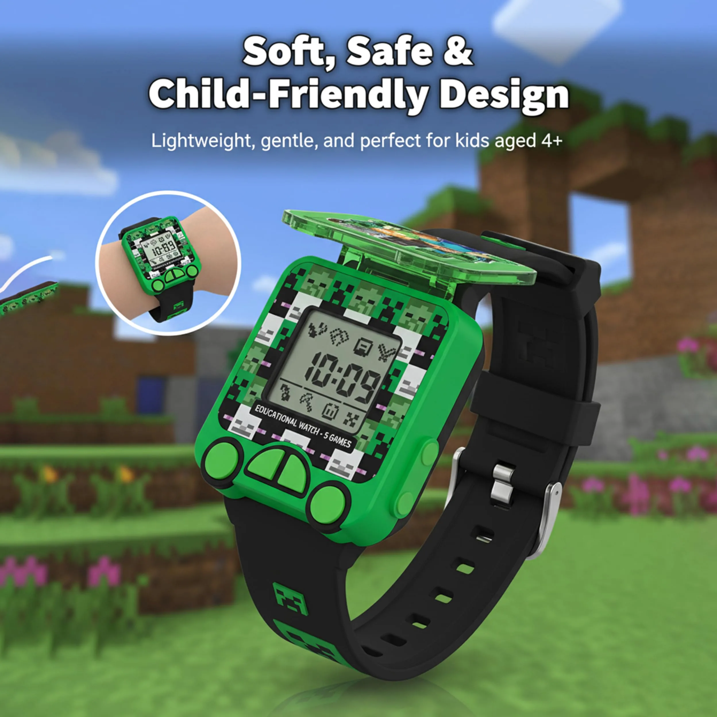 SRV Hub Minecraft - Reloj digital educativo - Reloj inteligente LED para niños con 5 divertidos juegos de aprendizaje, temporizador, alarma, cronómetro, 10 caras de reloj, correa de silicona azul - A