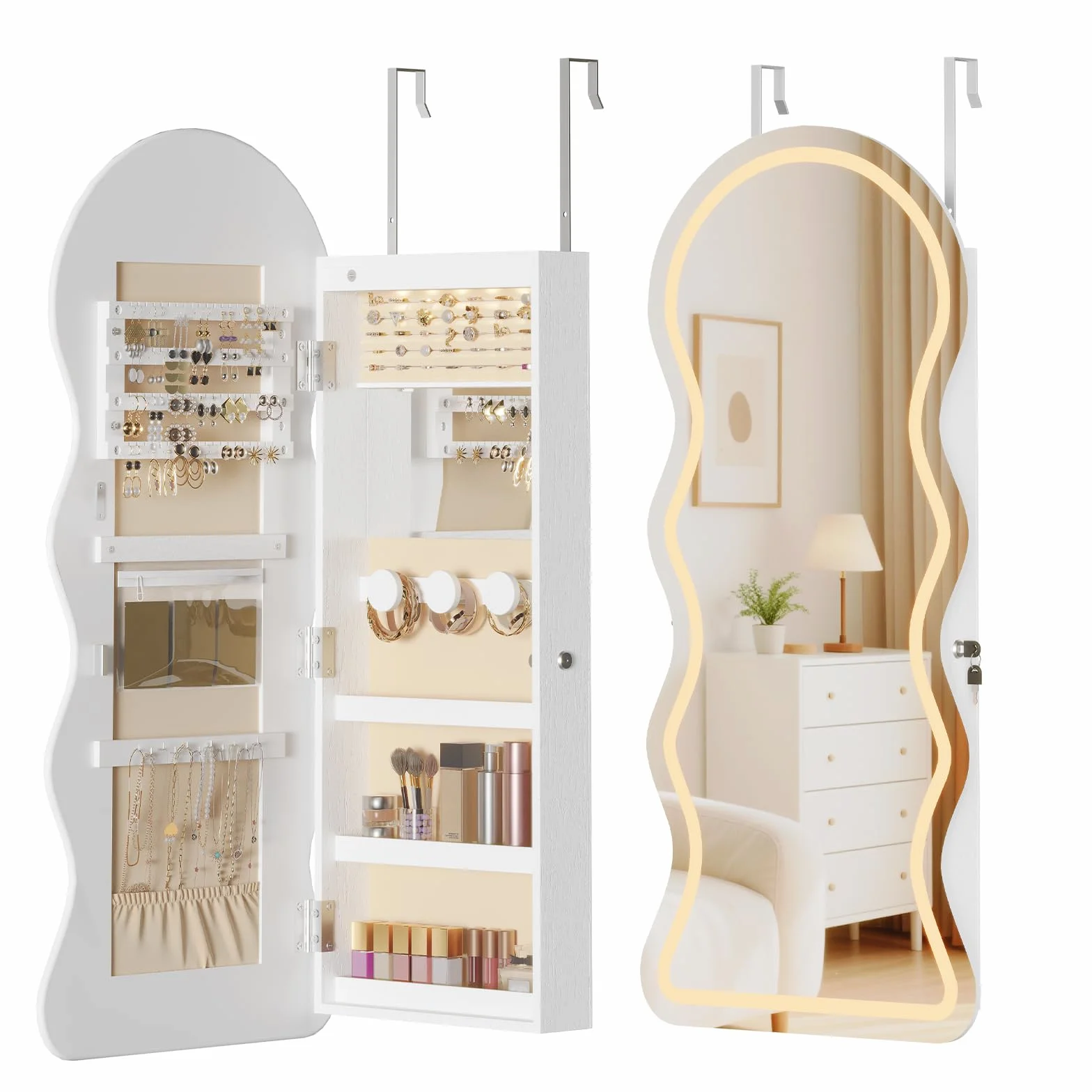 HOOBRO Armario Joyero de Pared con Iluminación LED y Espejo, Cerradura, Puerta Abatible, Blanco EWT08CDJC04