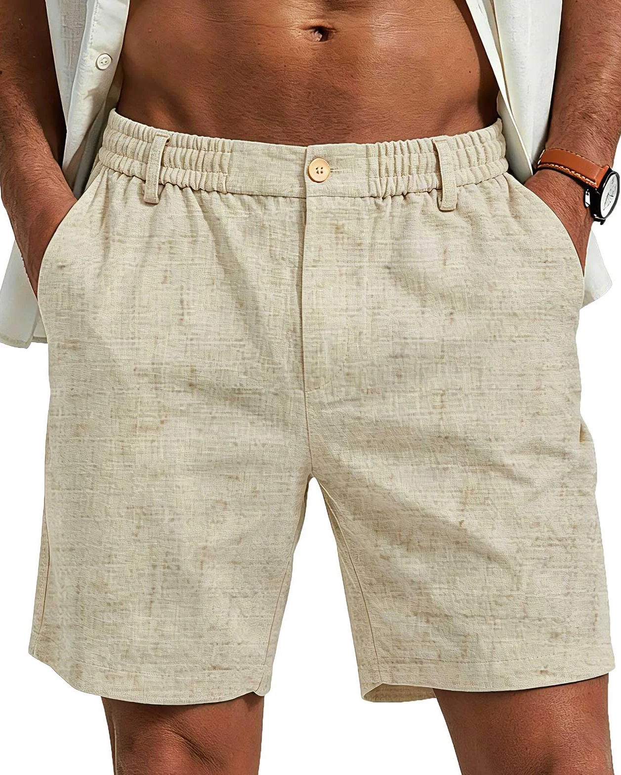 Halfword Lino Bermudas Cortos para Hombre Verano Casual Ligeros Elásticos