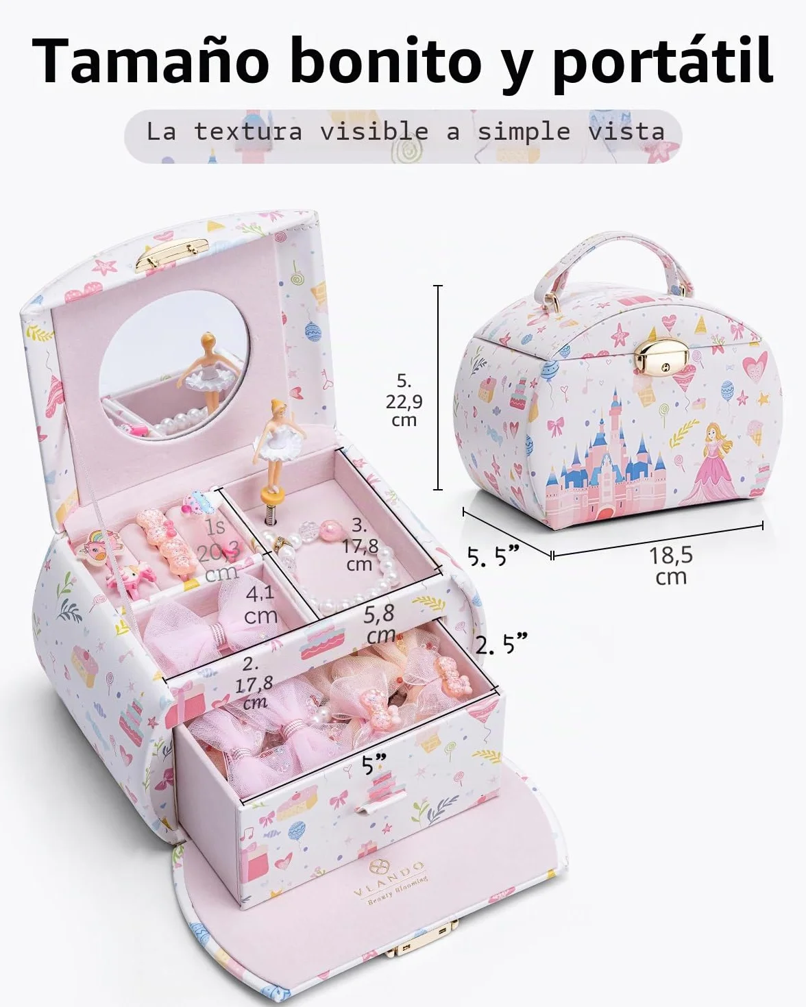 VLANDO Caja de música joyero para niñas con cajones, regalo cumpleaños 6-8 años, bailarina cuero melodía canon