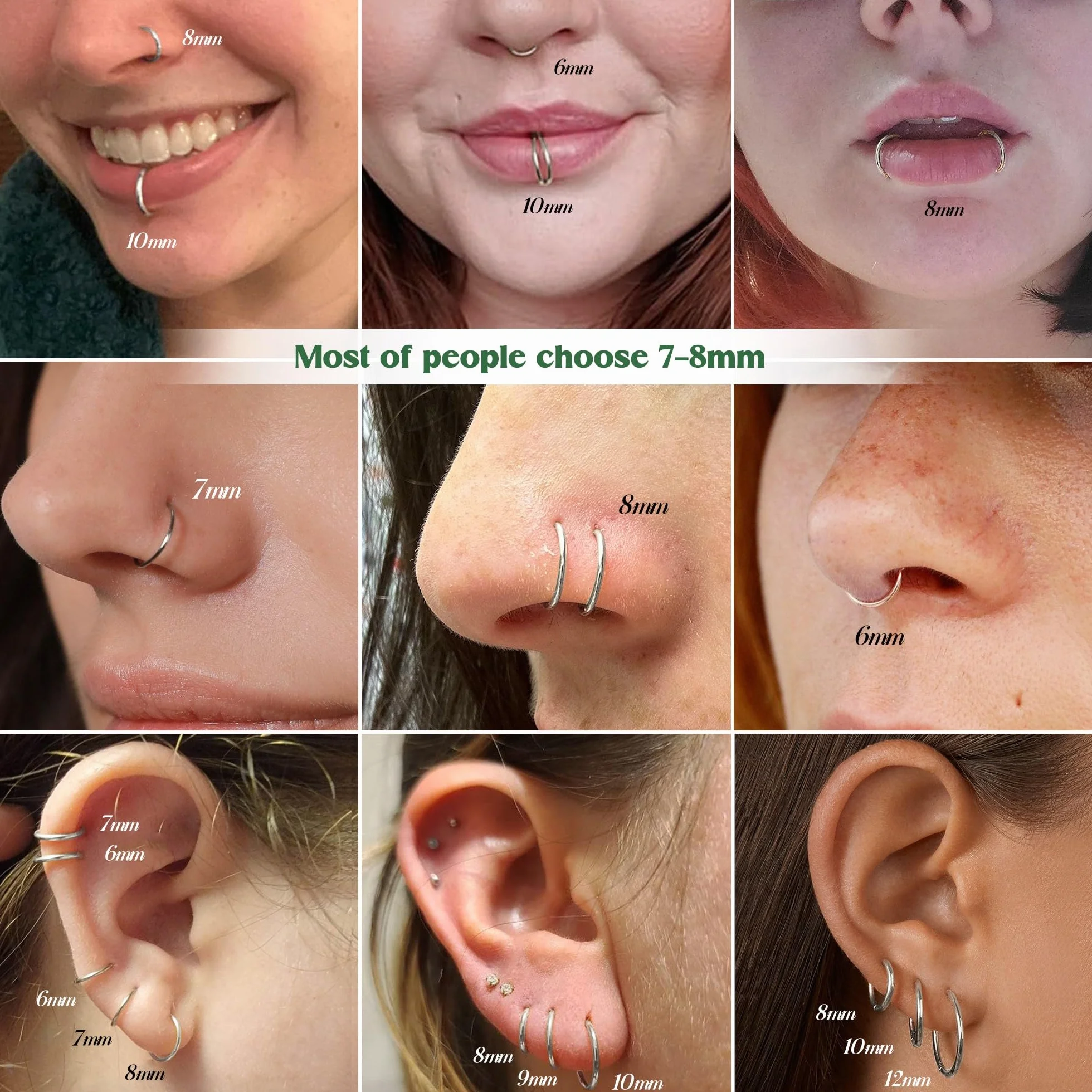 BodyBonita Piercing Nariz Aros con Bisagra 316L Acero Quirúrgico sin Costuras Septum Labio Cartílago Hélix Daith Caracola Trago Torre