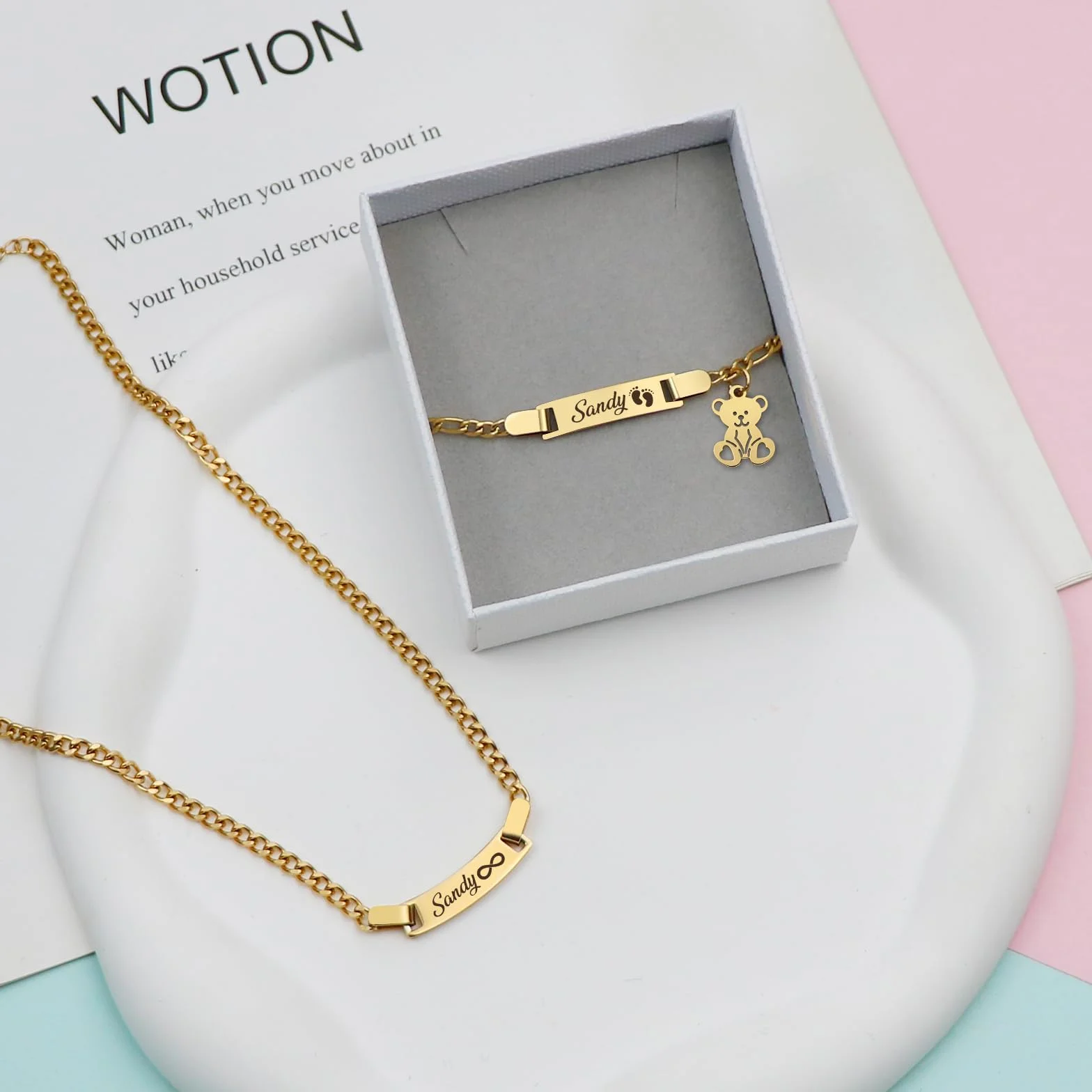 Conjunto de pulsera y collar personalizados con grabado de nombre, texto y fecha de nacimiento para bautizos
