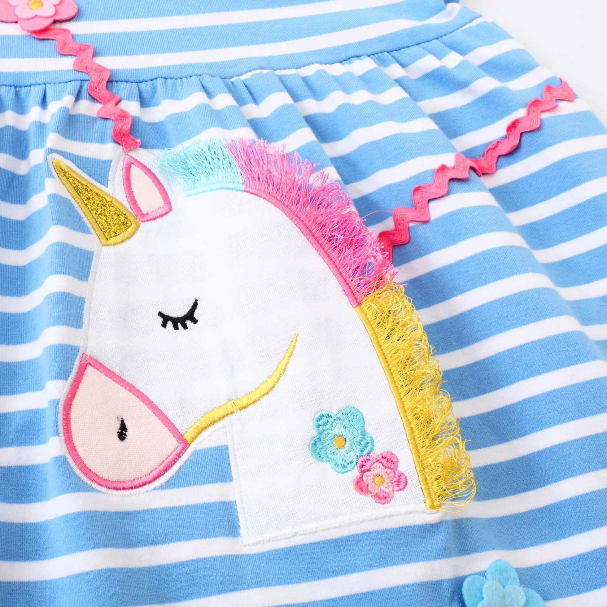 JinBei Vestido para Niñas Algodon Manga Corta Cuello Redondo T-Shirt Rayas Unicornio 2-8 Años