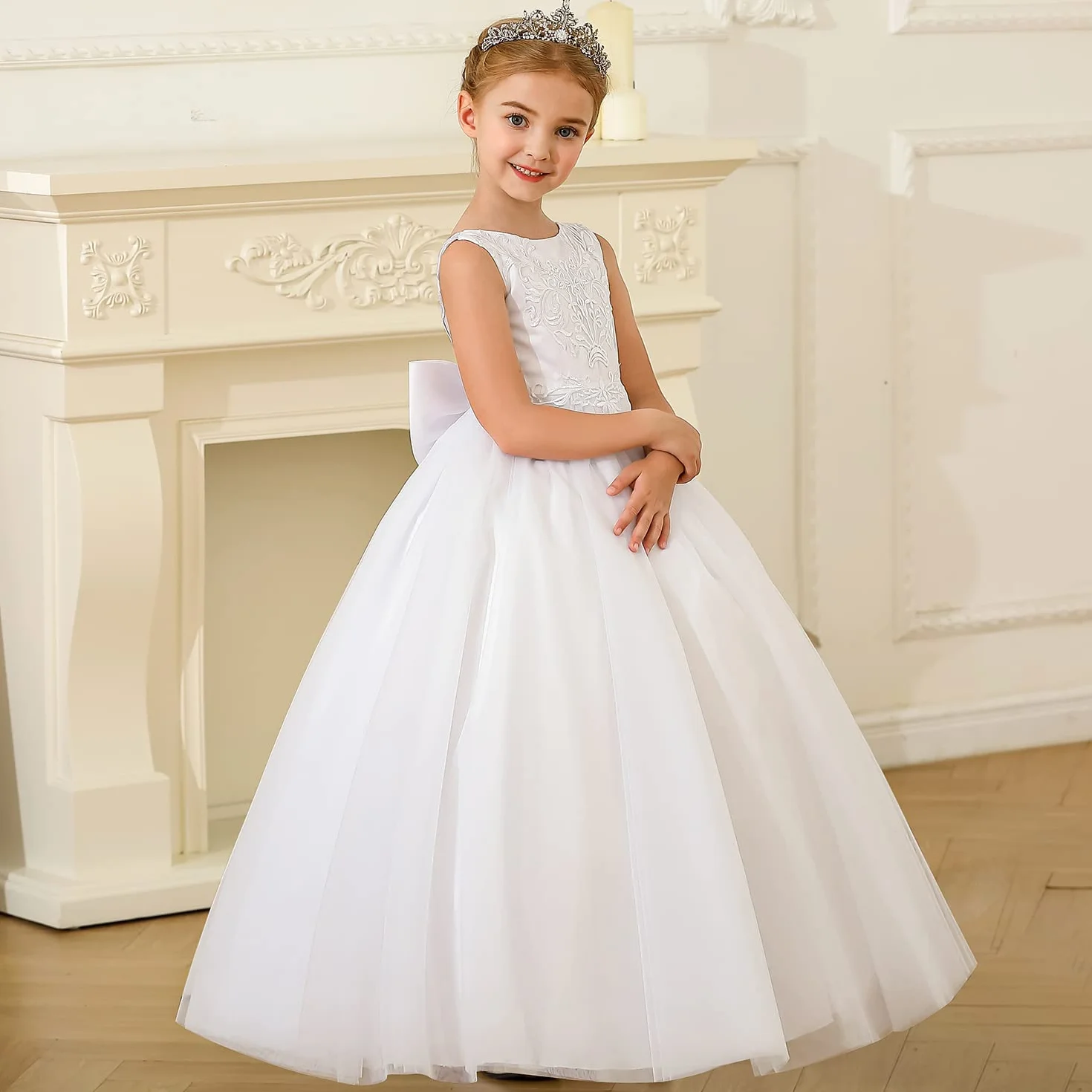 PLWEDDING Vestido de niña bordado de encaje para boda V-espalda con lazo