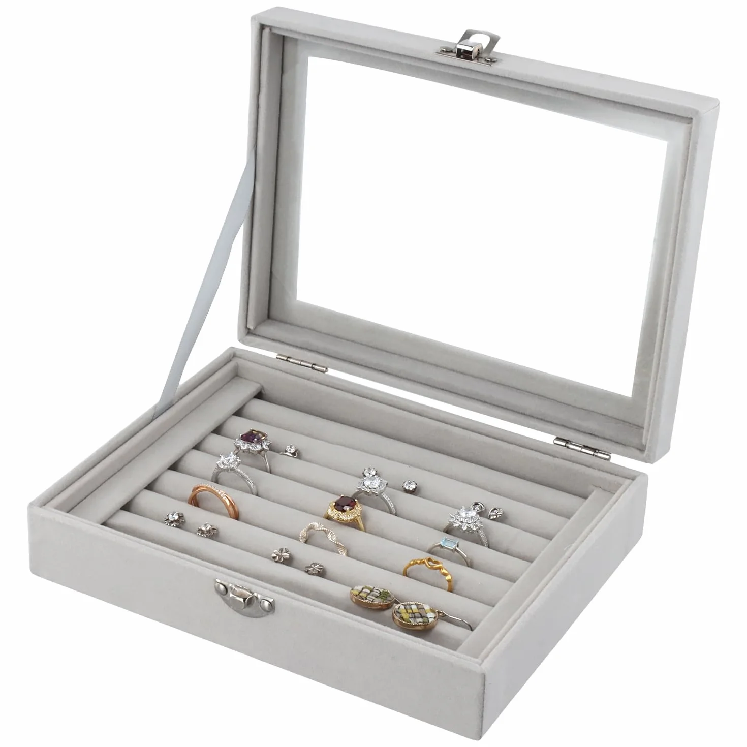 QWORK® Joyero de Terciopelo con Tapa Transparente, Organizador de Anillos 7 Compartimentos