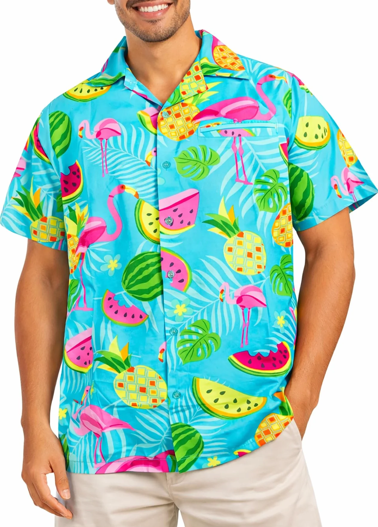 Camisa Hawaiana Hombre Manga Corta Flamingo Melon King Kameha