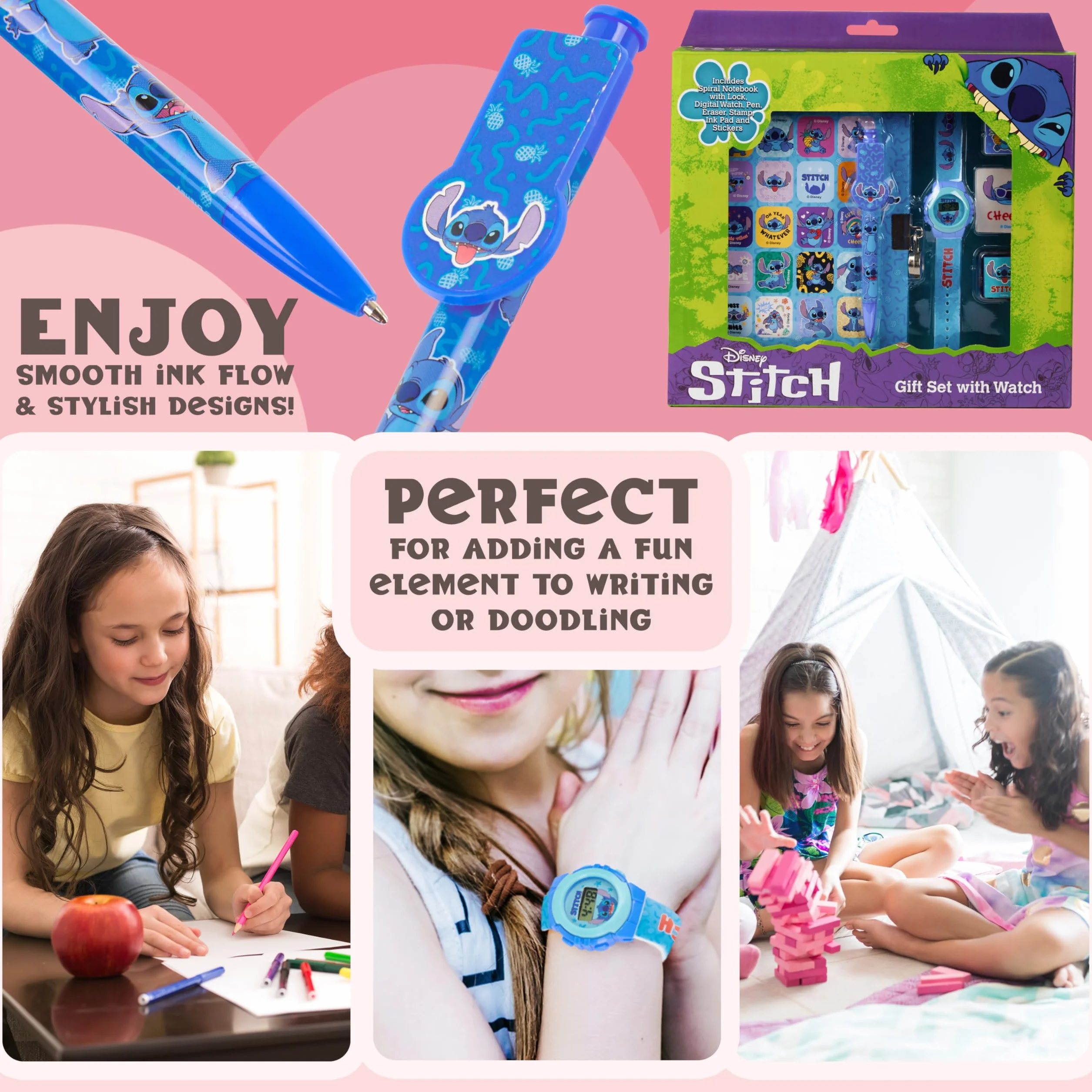 Disney Stitch Set de Regalo con Reloj Digital, Diario con Candado y Boligrafo