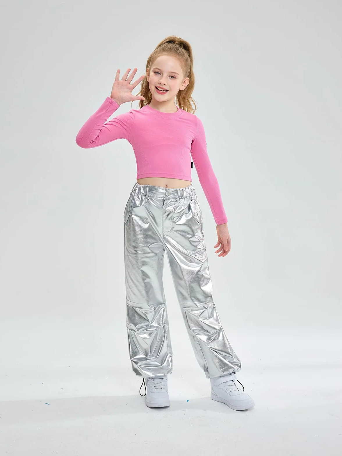 LOLANTA Pantalones de Cuero Metálico Brillante Traje de Baile Hip Hop Retro Cintura Elástica para Niños 6-13 años