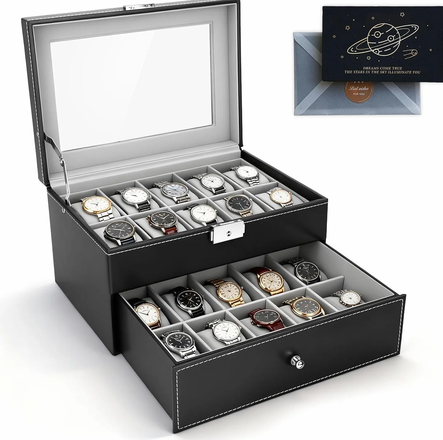 Caja de Relojes con Dos Capas, Estuche Relojero Organizador, Tapa de Cristal, PU Negro