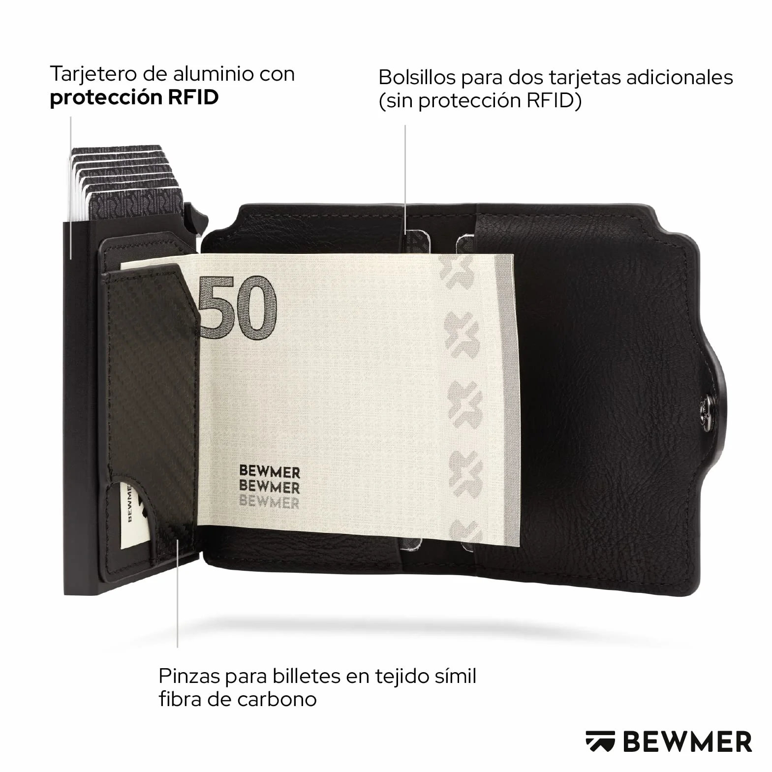 BEWMER Billetera Pequeña con Protección RFID y Clip de Fibra de Carbono