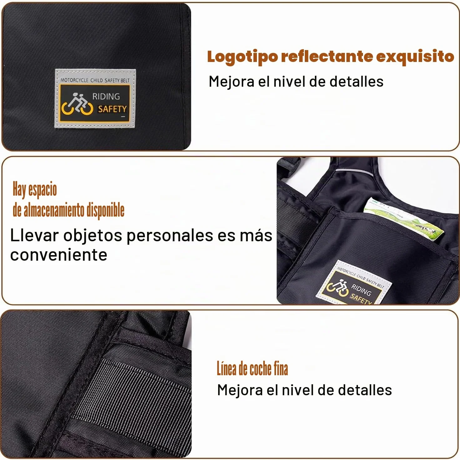Cinturón de Moto con Bolsillo para Niños, Ajustable con Rayas Reflectantes Negro, Protección Anti-caída 1-12 Años