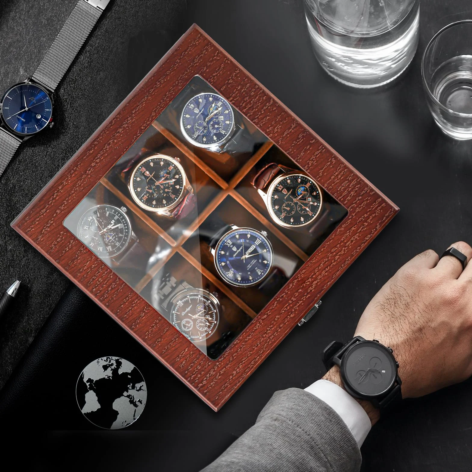 ProCase Caja de Madera para Relojes con 6 Compartimentos y Cajón Multifuncional 2 Niveles Café