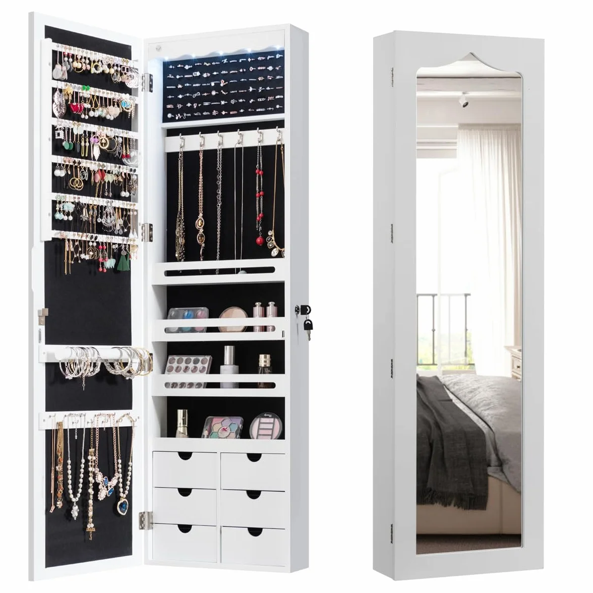 HOMASIS LED Espejo Joyero de Pared con Cerradura y 6 Cajones, Armario para Joyas Blanco