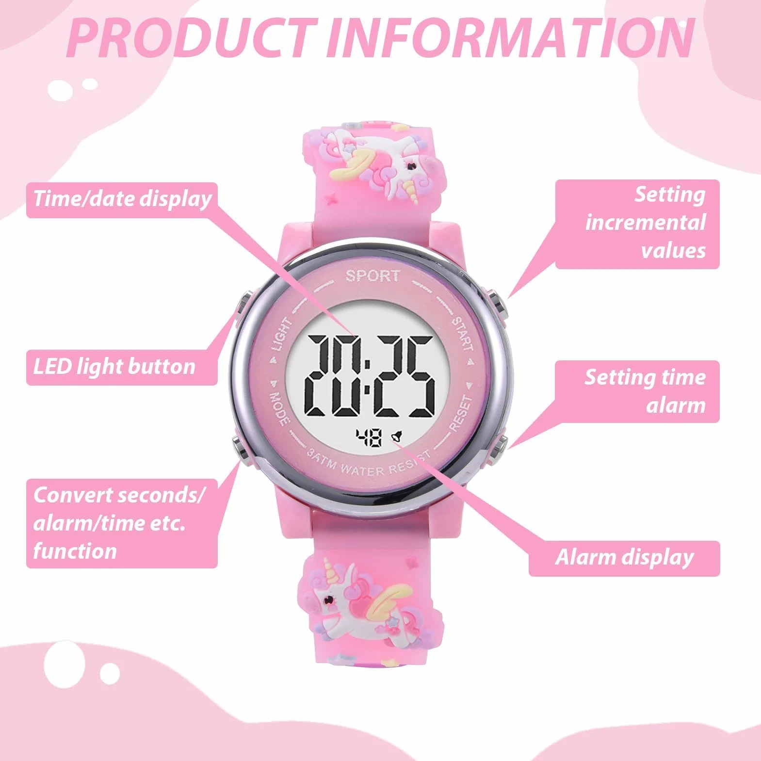 Reloj Infantil Digital Educativo de Silicona con Dibujos Animados 3D, Luz LED 7 Colores, Multifunción Regalo para Niñas 3-12 Años