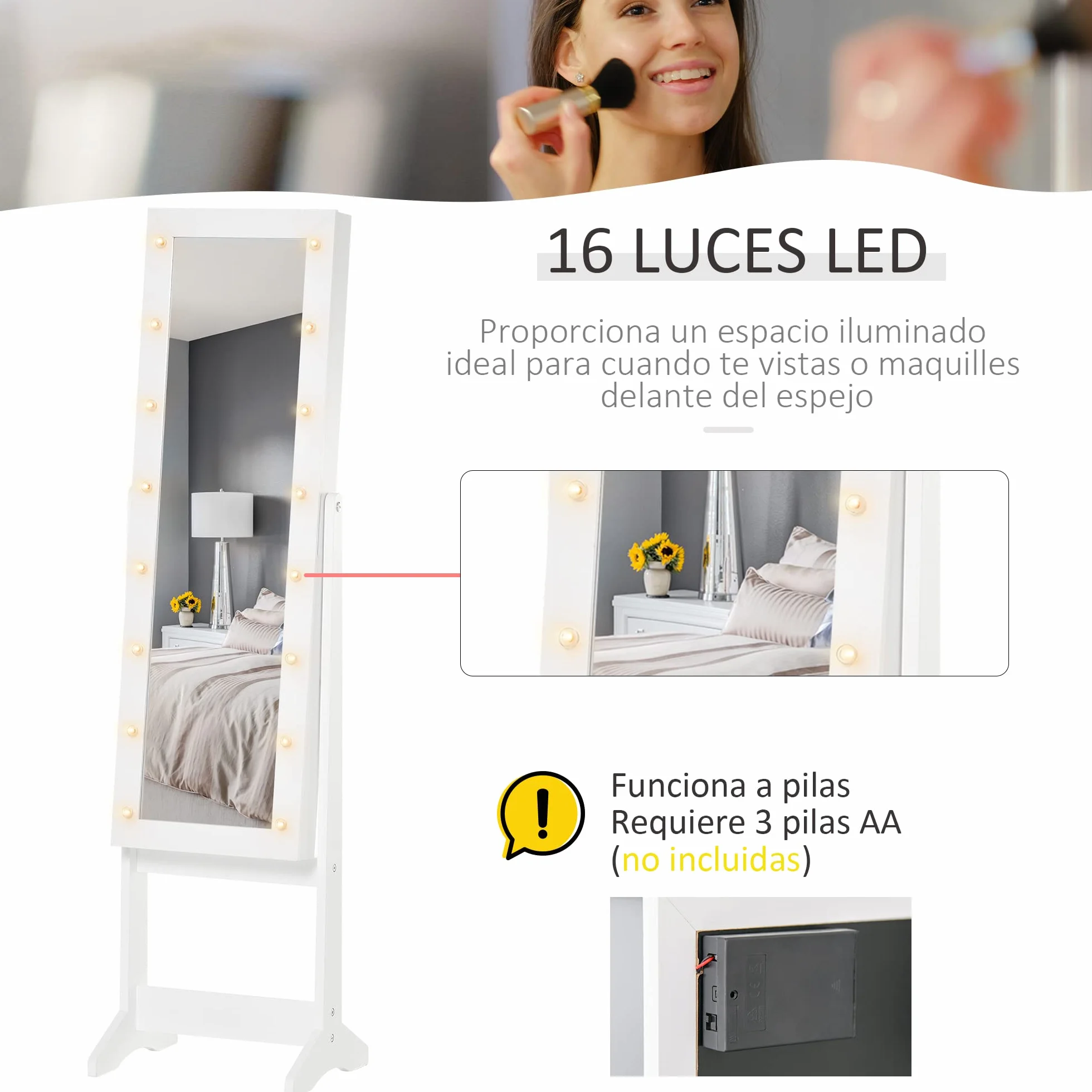 HOMCOM Espejo Joyero con Luces LED, Armario para Joyas, de Pie, Espejo Entero, Ángulo Ajustable, Blanco Cálido