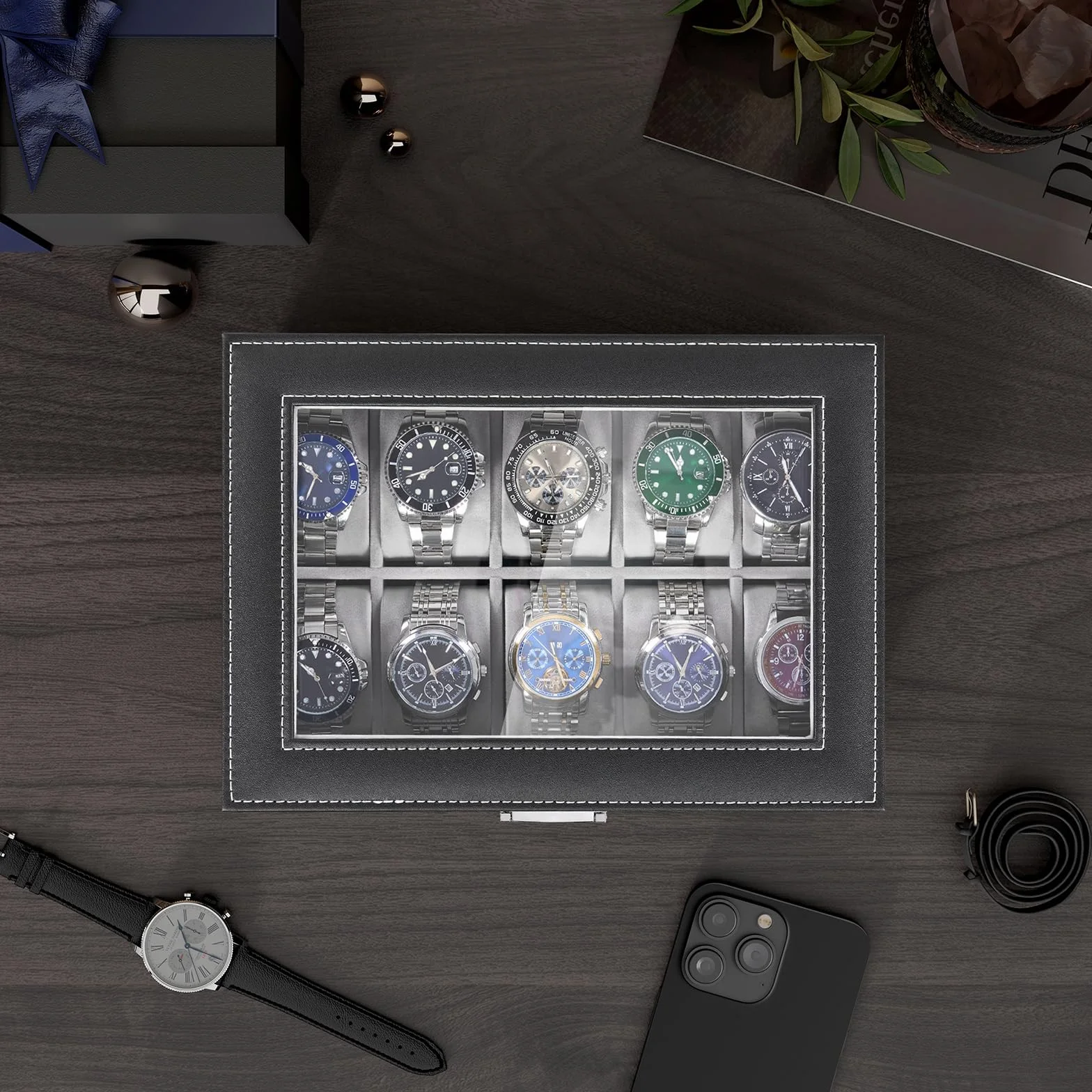 BEWISHOME Caja de Relojes 20 Compartimentos Estuche Tapa Cristal Negro ESSH04B