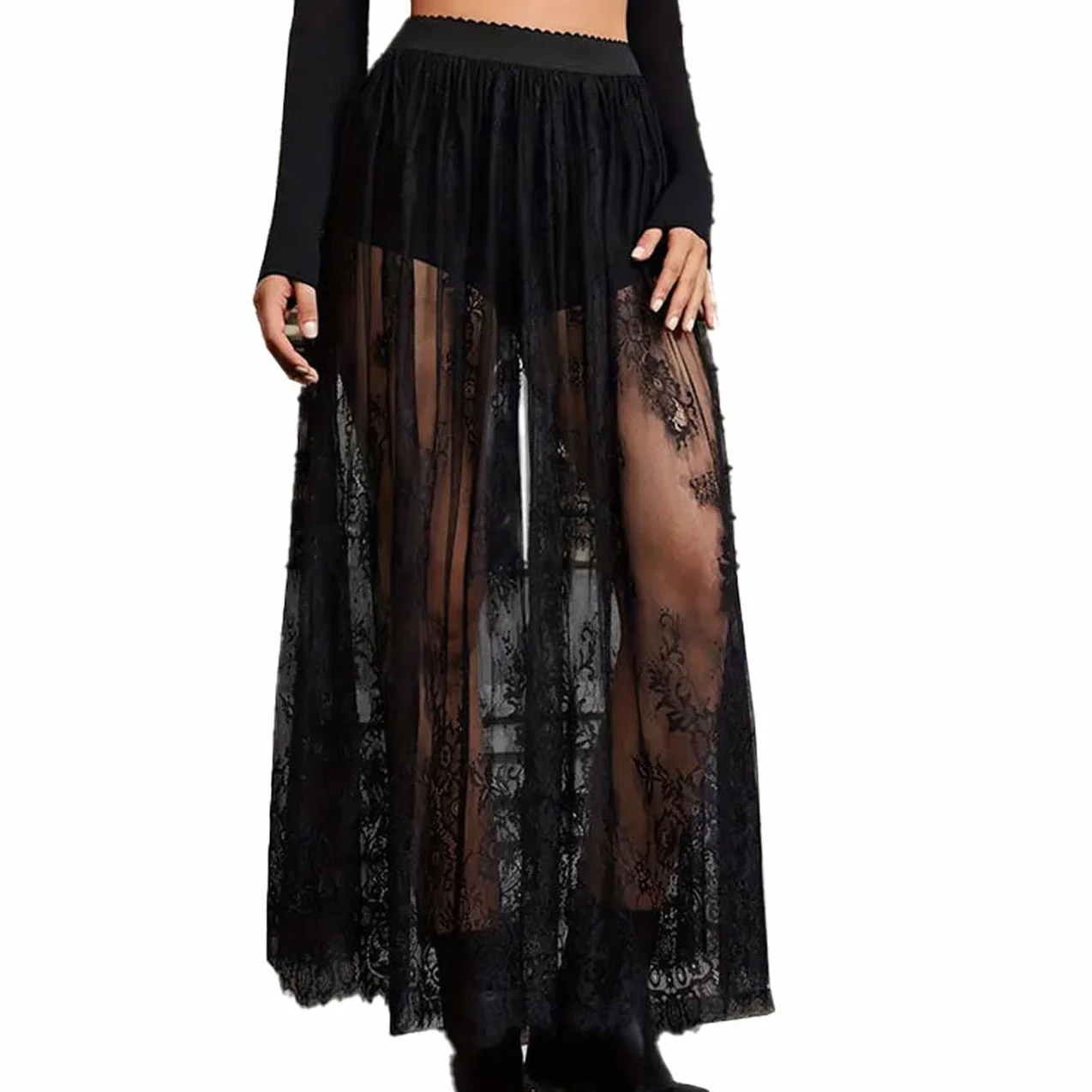 Falda Larga Semitransparente Encaje Mujer, Sexy 2 en 1, Malla Transparente, Cintura elástica línea A, Maxifalda Tul Debajo Pantalones Cortos, Ropa Festivales Salir, Negra, Tallas S