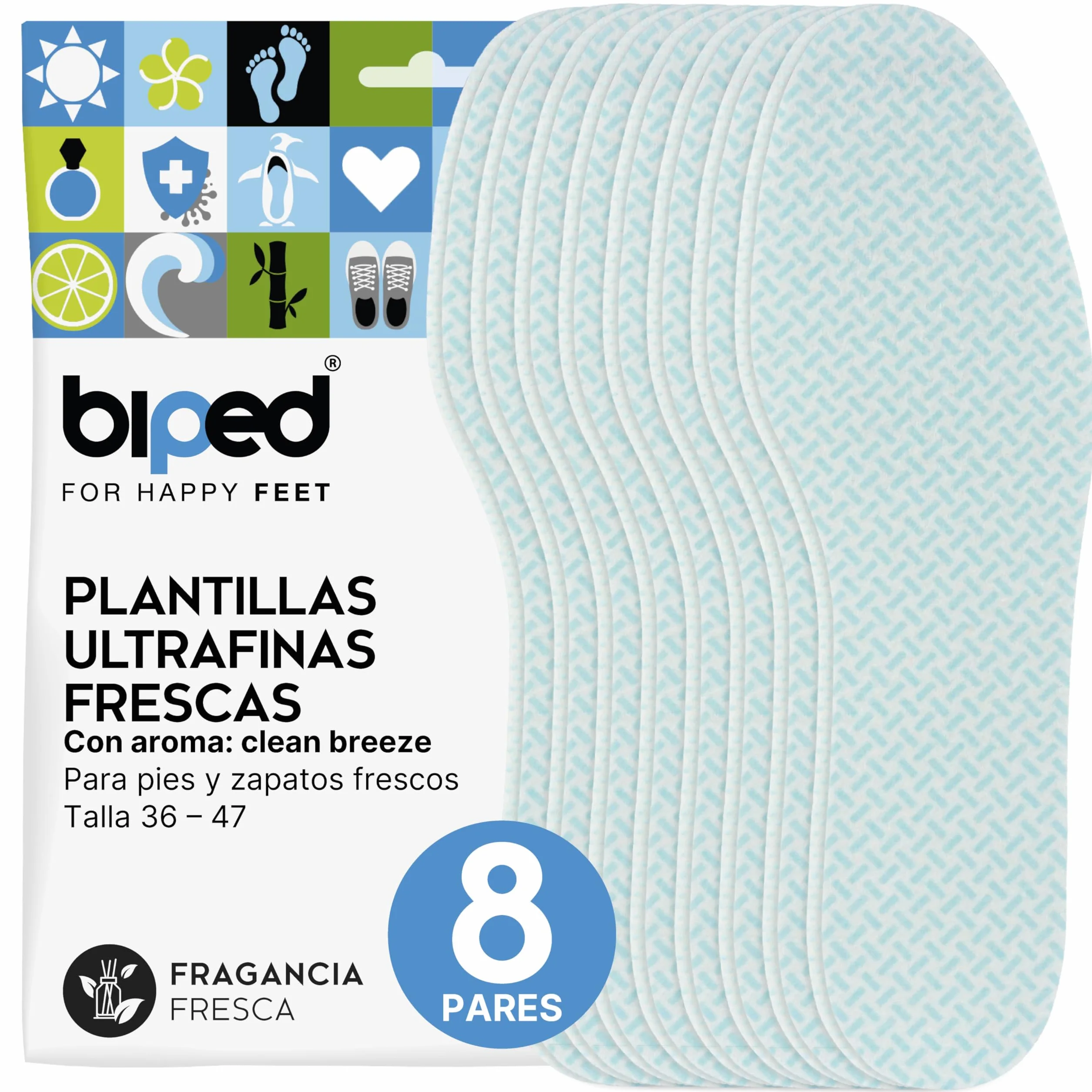 Biped Fresh Clean Breeze Plantillas Refrescantes 8 Pares Extrafinas Contra Mal Olor