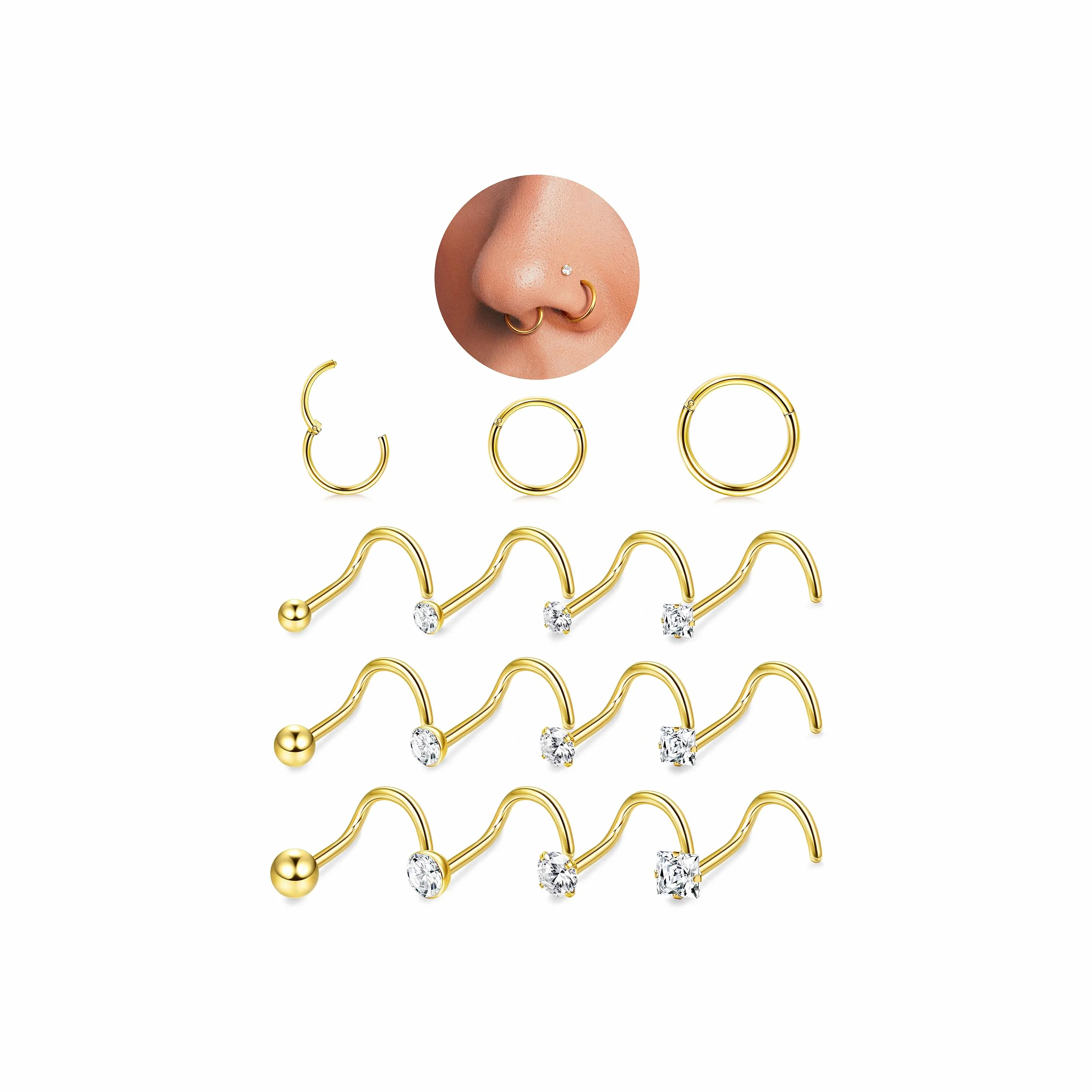 FIOROYAL 20G Piercing Nariz Oro Plata L Forma Espiral Acero Quirurgico 18G Clicker Aro 6/8/10mm Helix Nostril Pendientes