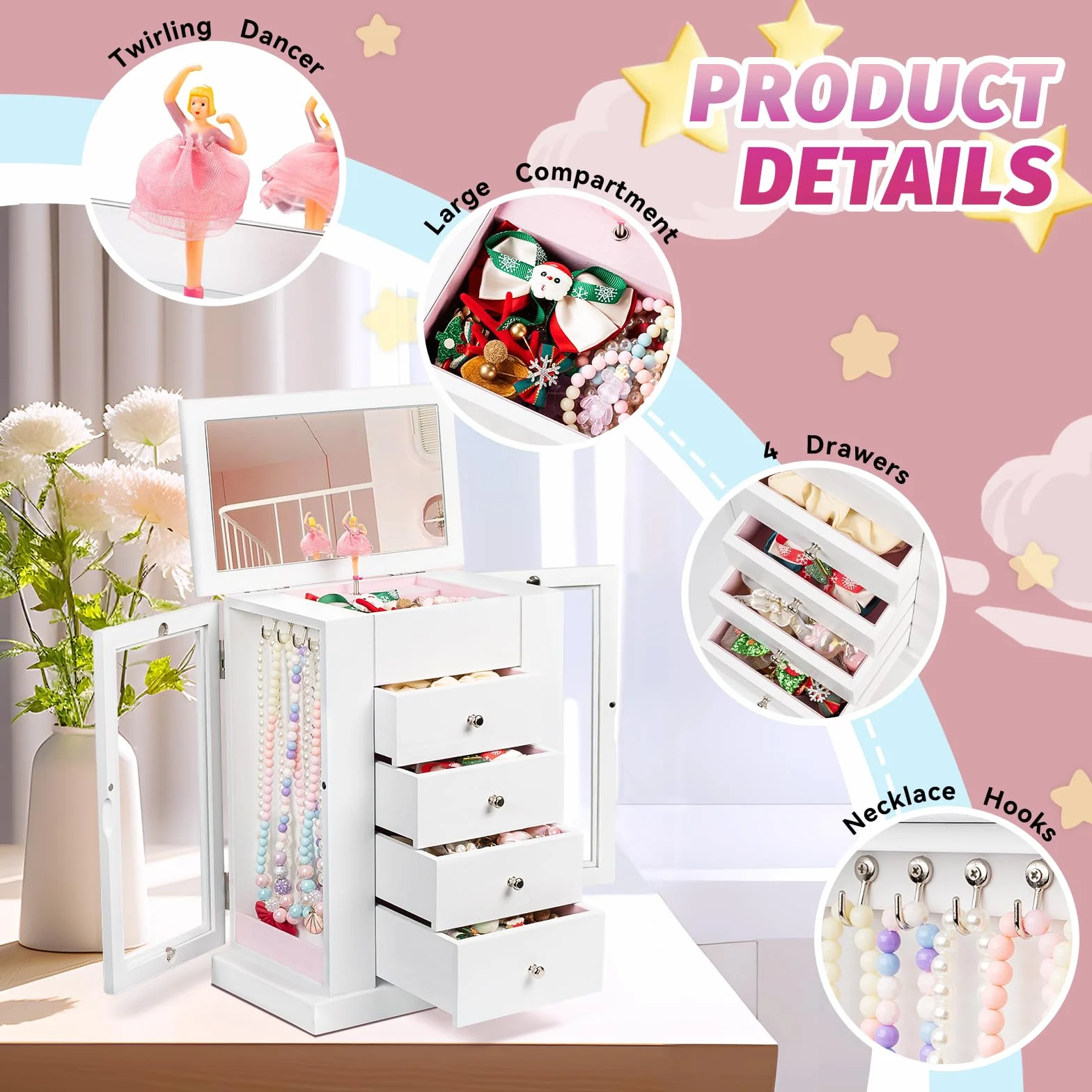 Joyero Musical Niña Madera Bailarina Giratoria 5 Niveles Regalo Blanco