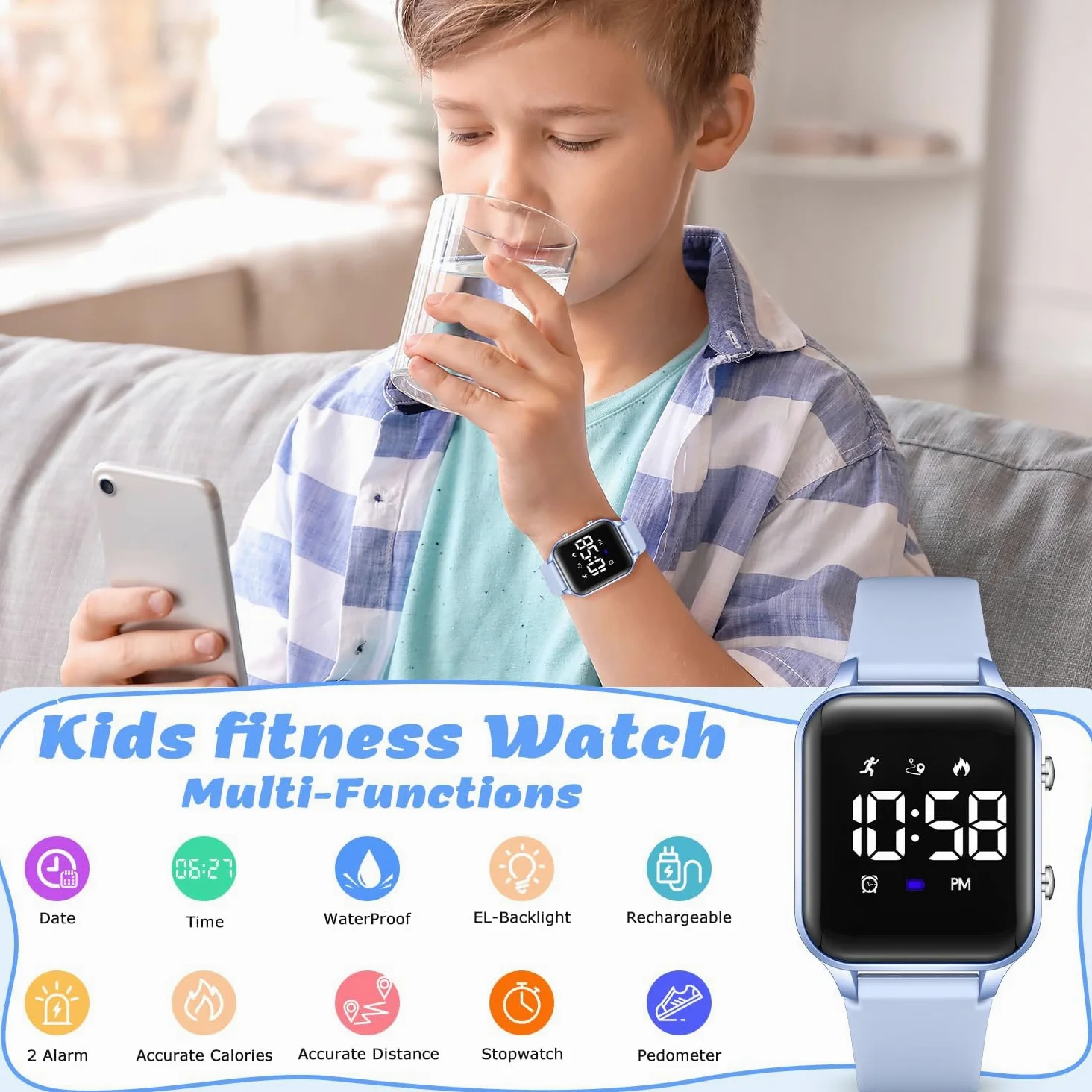 Reloj digital para niños con contador de pasos, relojes deportivos impermeables para niños, niñas y adolescentes, rastreador de fitness todo en uno con alarma vibratoria silenciosa, podómetro
