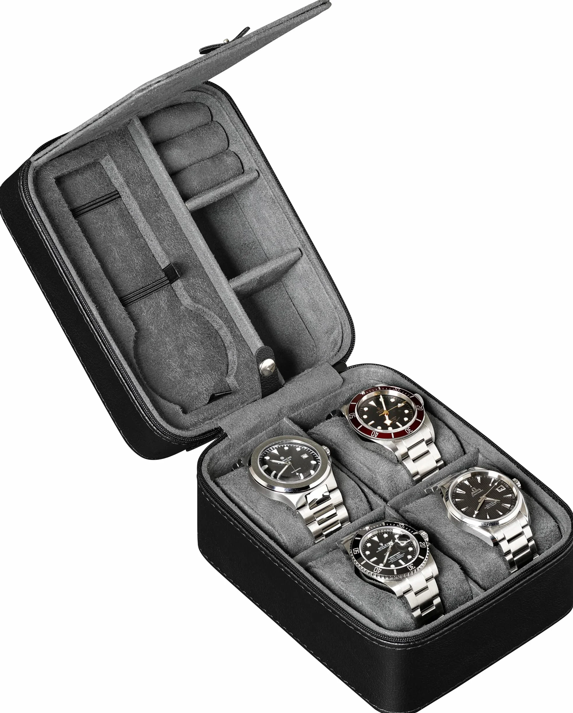 ROTHWELL Estuche organizador de viaje para 5 relojes, resistente, portátil, con cremallera, hasta 50 mm
