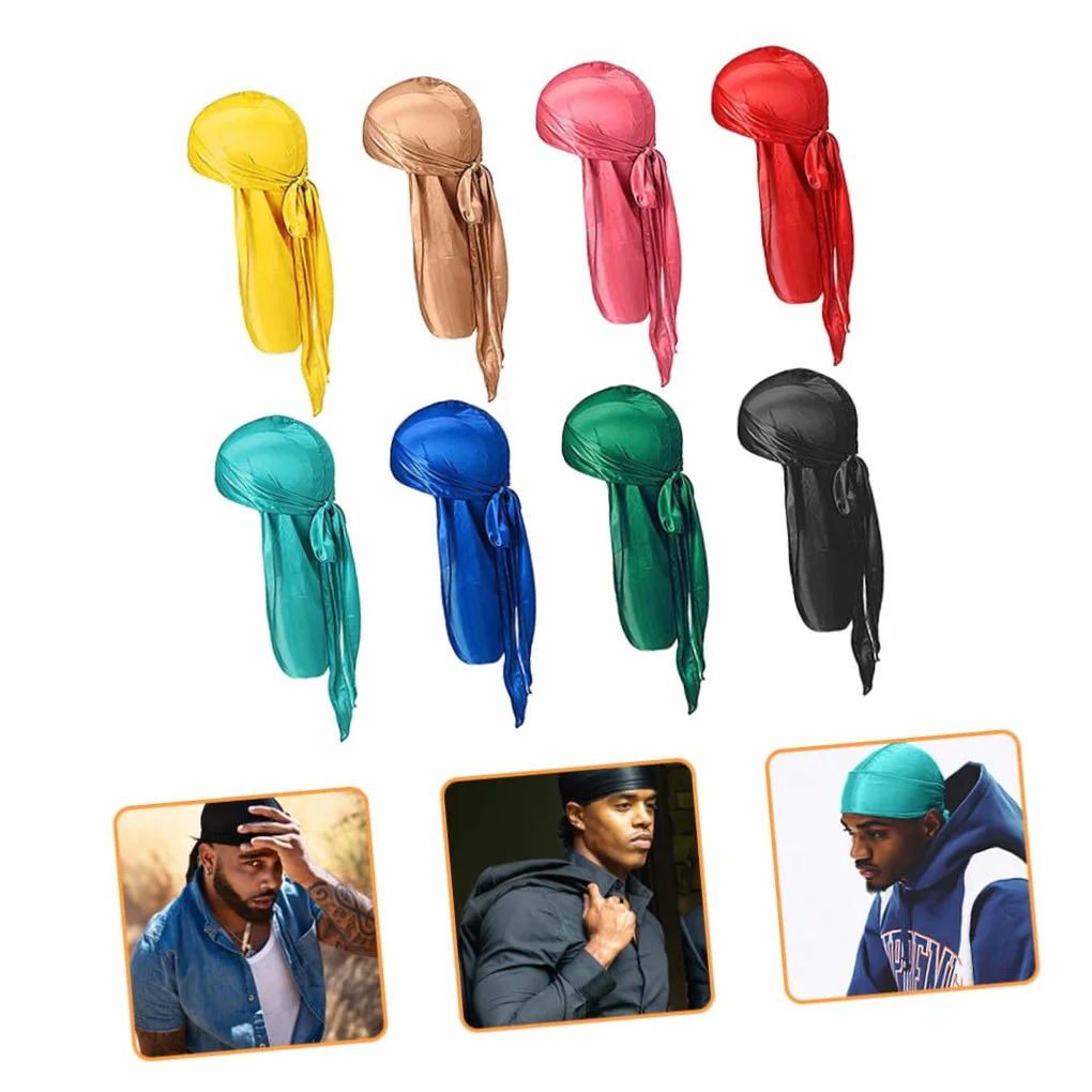8 Turbantes Piratas de Satén para Ondas de Cabello, Diseño Largo y Cómodo, Gorro Elástico Unisex para Dormir y Estilo Pirata Color Aleatorio