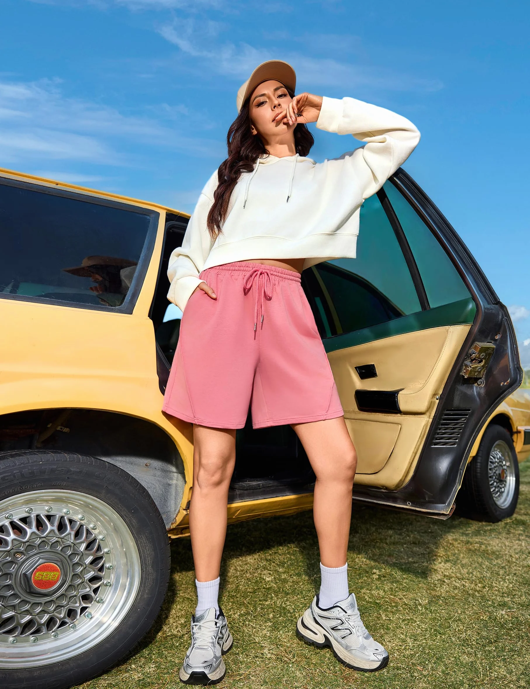 Litherday Pantalones Cortos Mujer Algodón Cintura Alta Ajustable con Bolsillos Deportivos Fitness Yoga Running S-XXL
