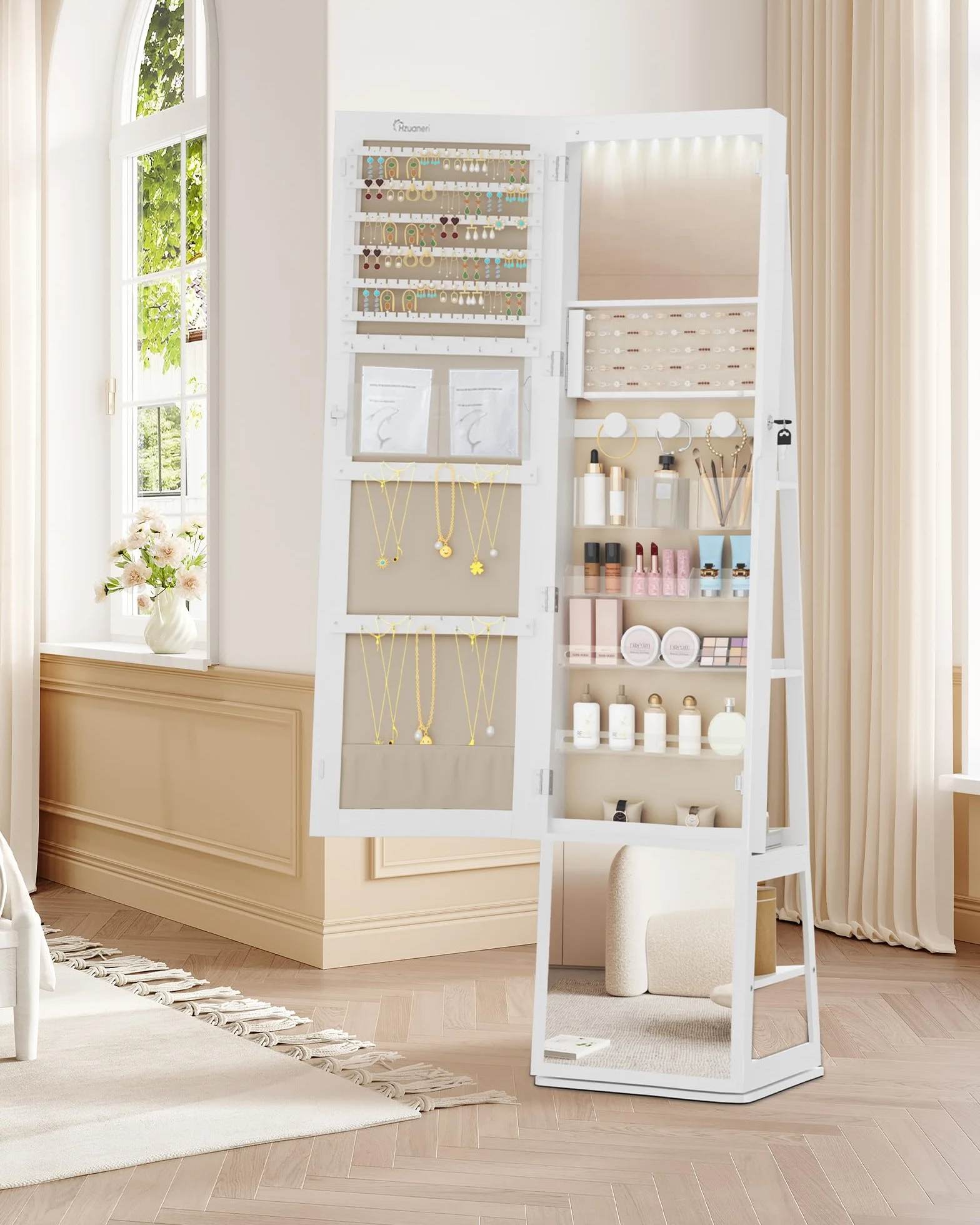 Espejo Joyero con 8 LEDs y Giro 360°, Armario de Almacenaje Blanco Beige