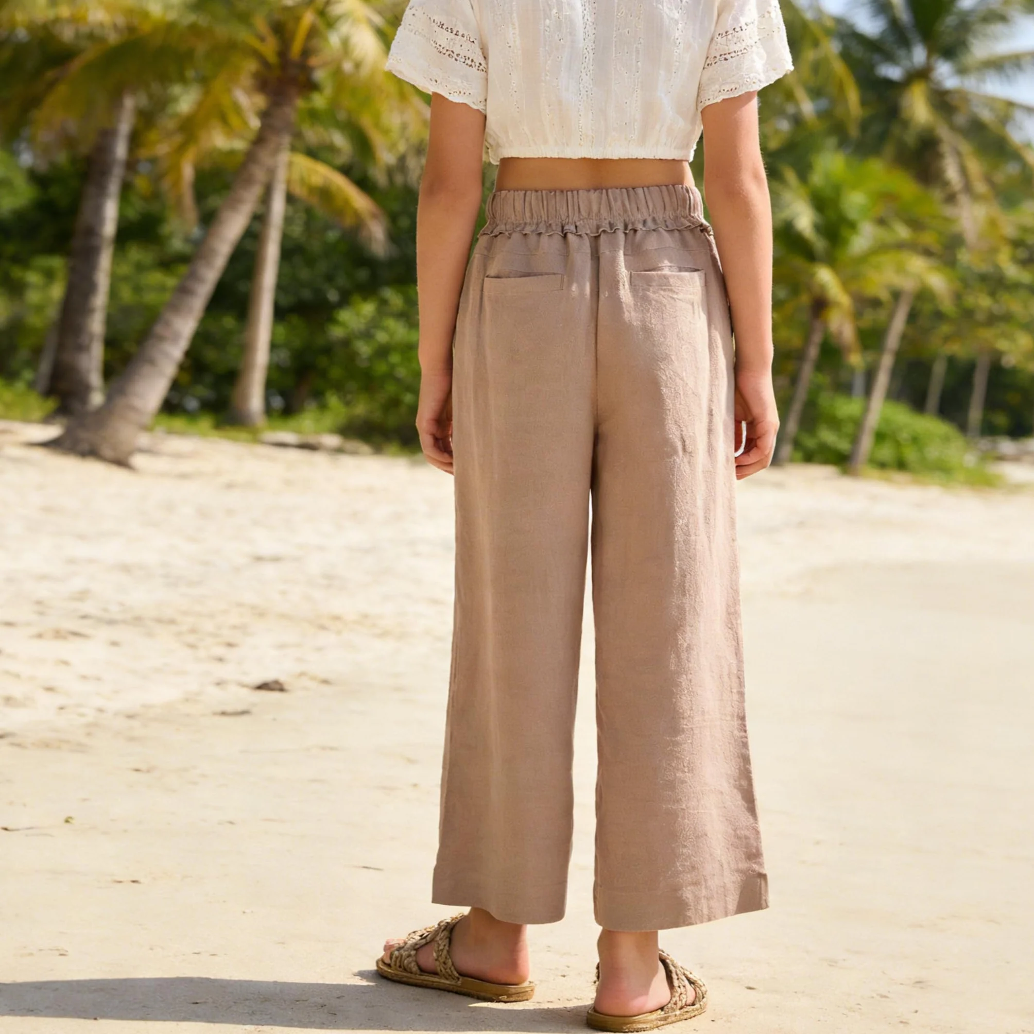 Pantalones de Lino para Niñas, Cintura Elástica Pierna Ancha Palazzo Playa con Bolsillos