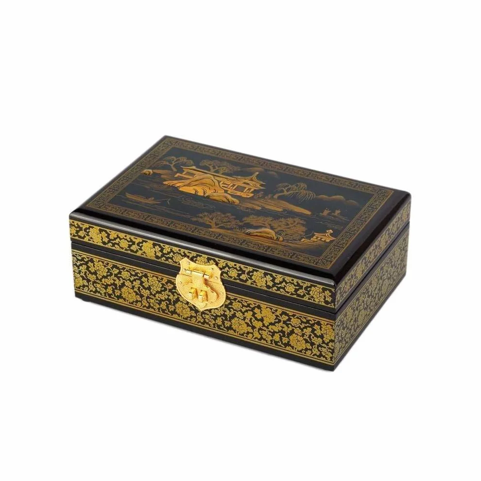 Joyero Paisaje chino Pekín Beijing Caja de almacenamiento de joyas madera lacada Negro oro dorado Decoración asiática